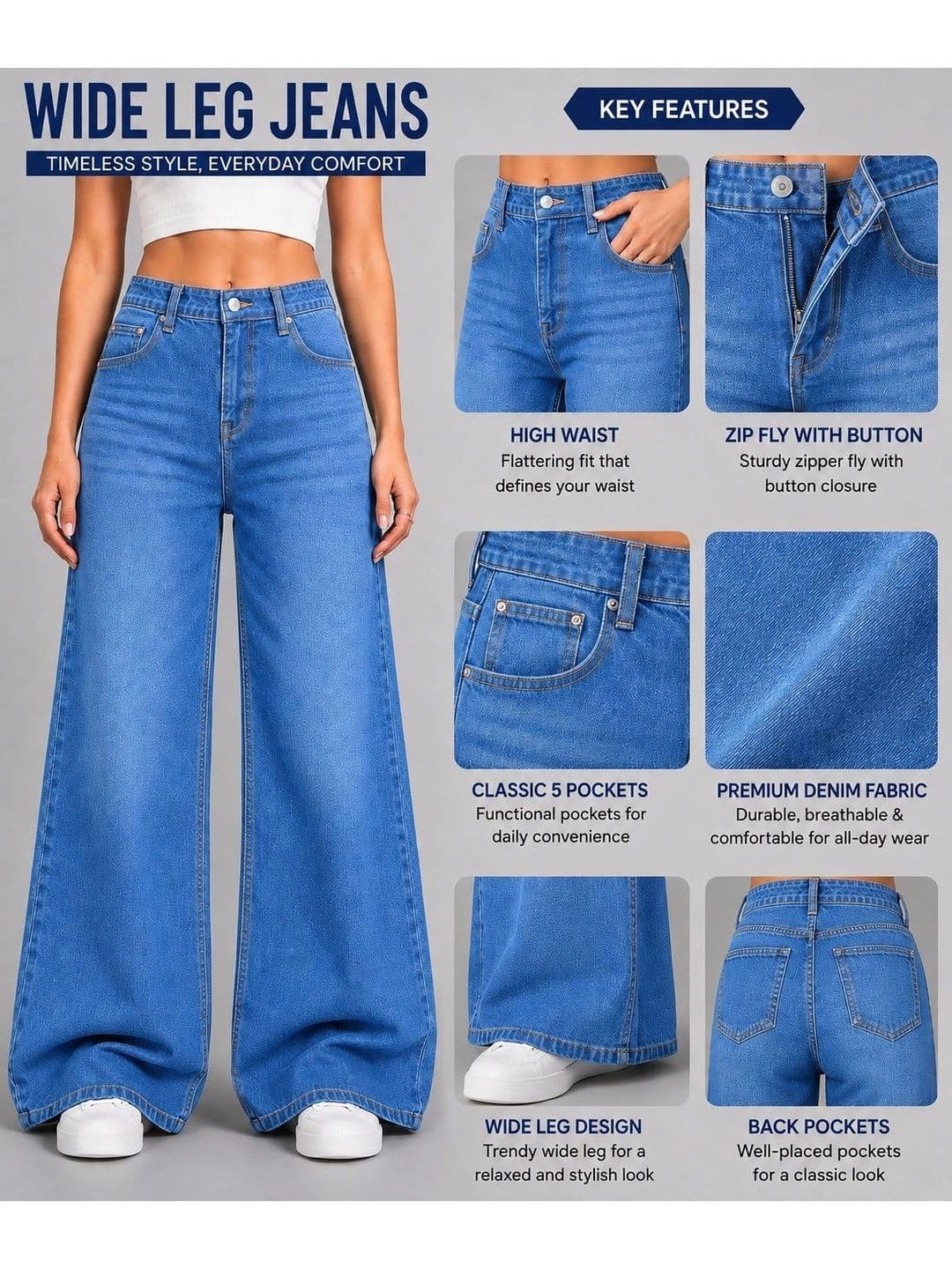 ADBUCKS Women Wide Leg High-Rise Light Fade Stretchable Jeans thumbnail 3