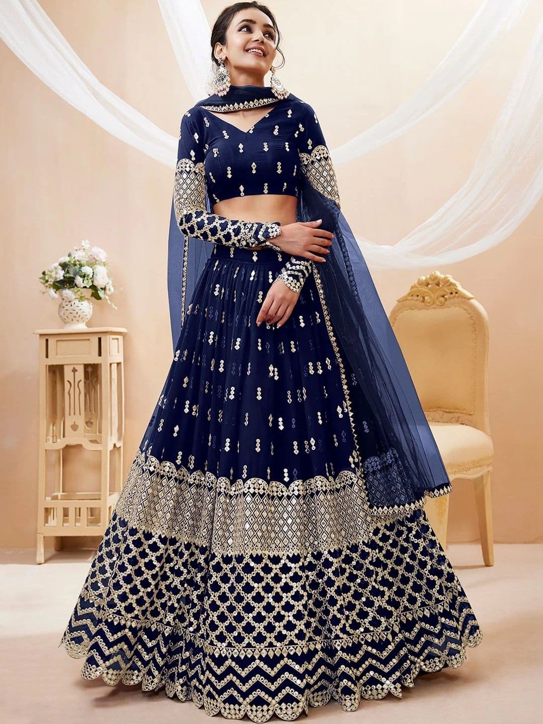Zeel Clothing Embellished Mirror Work Semi-Stitched Lehenga & Unstitched Blouse With Dupatta - view 1