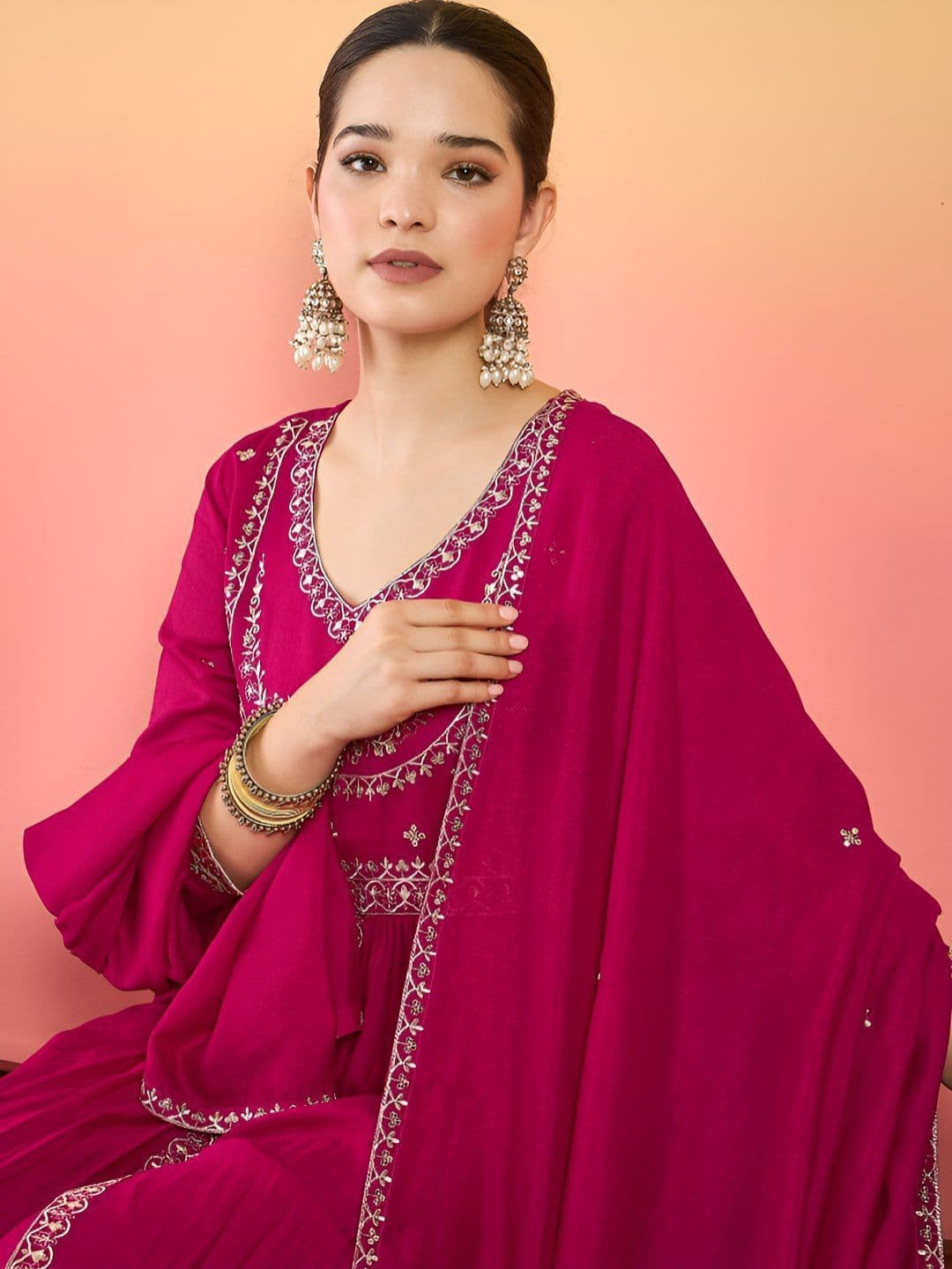 Varanga Women Ethnic Motifs Embroidered Empire Thread Work Kurta with Palazzos & Dupatta thumbnail 3