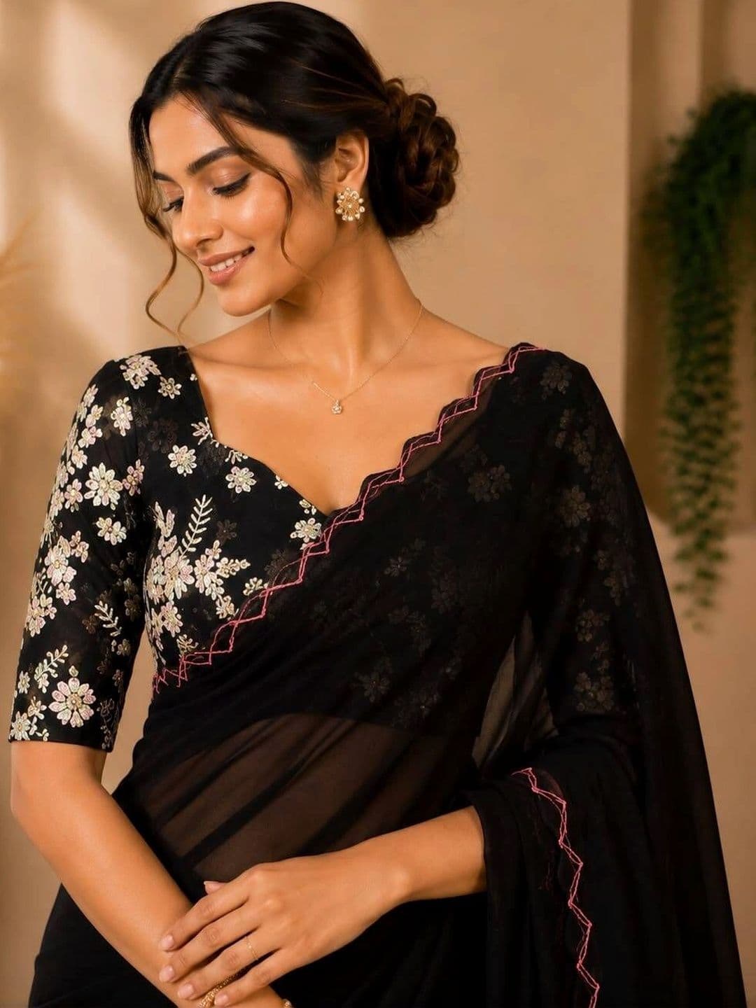 Vastra Drape Floral Embroidered Poly Georgette Saree thumbnail 3