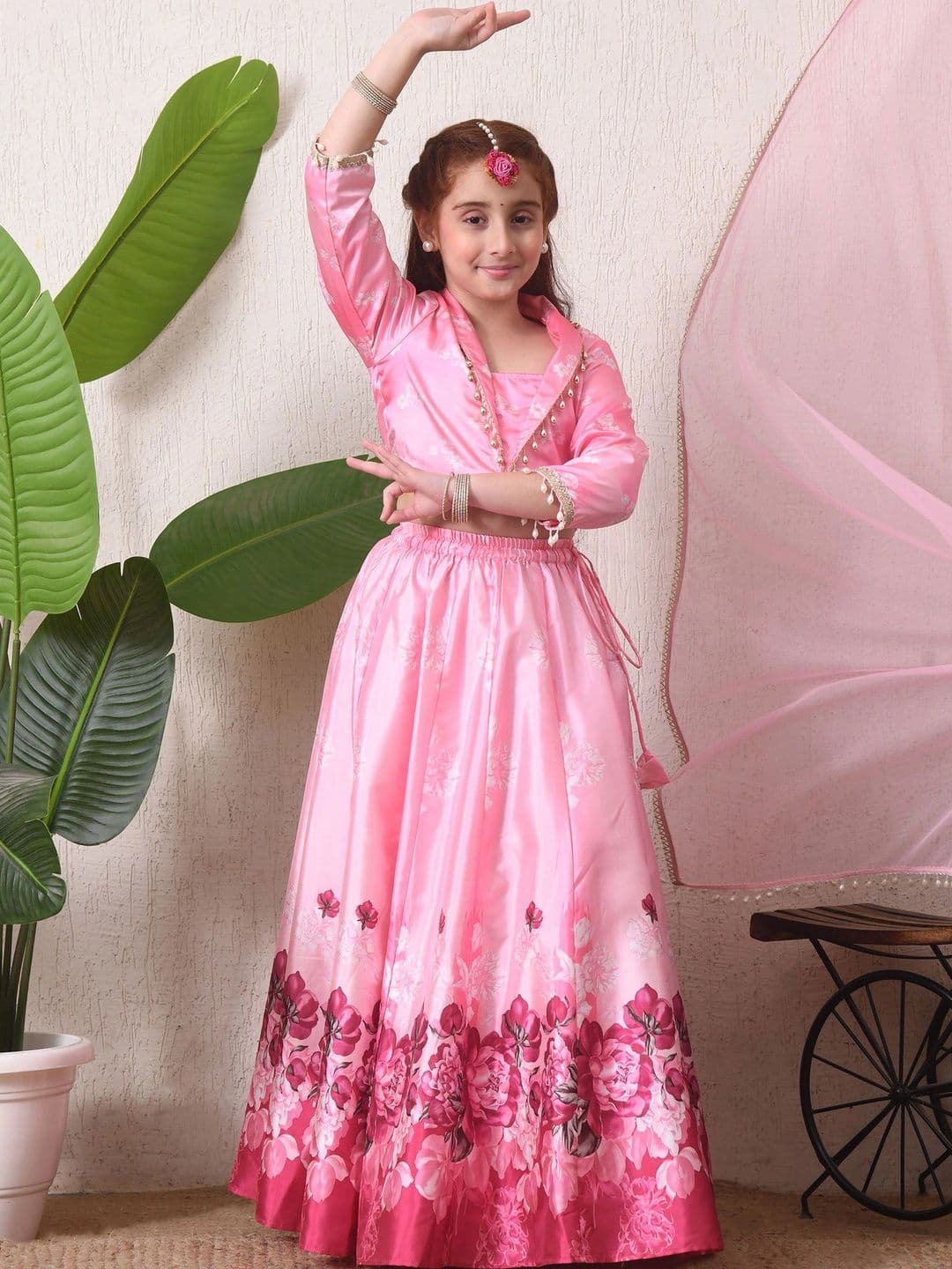 Indi-Loom Couture Girls Printed Beads and Stones Ready to Wear Lehenga & Blouse With Dupatta thumbnail 2