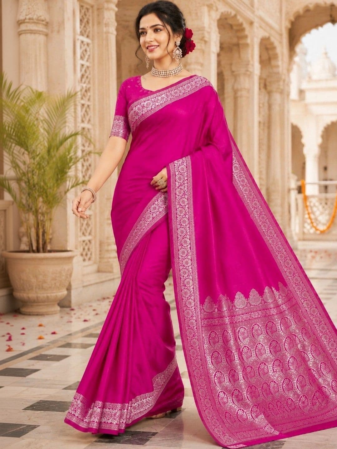 Prisan Women Rani Kumkum Woven Banarasi Soft Silk Saree with Unstitched Blouse thumbnail 4