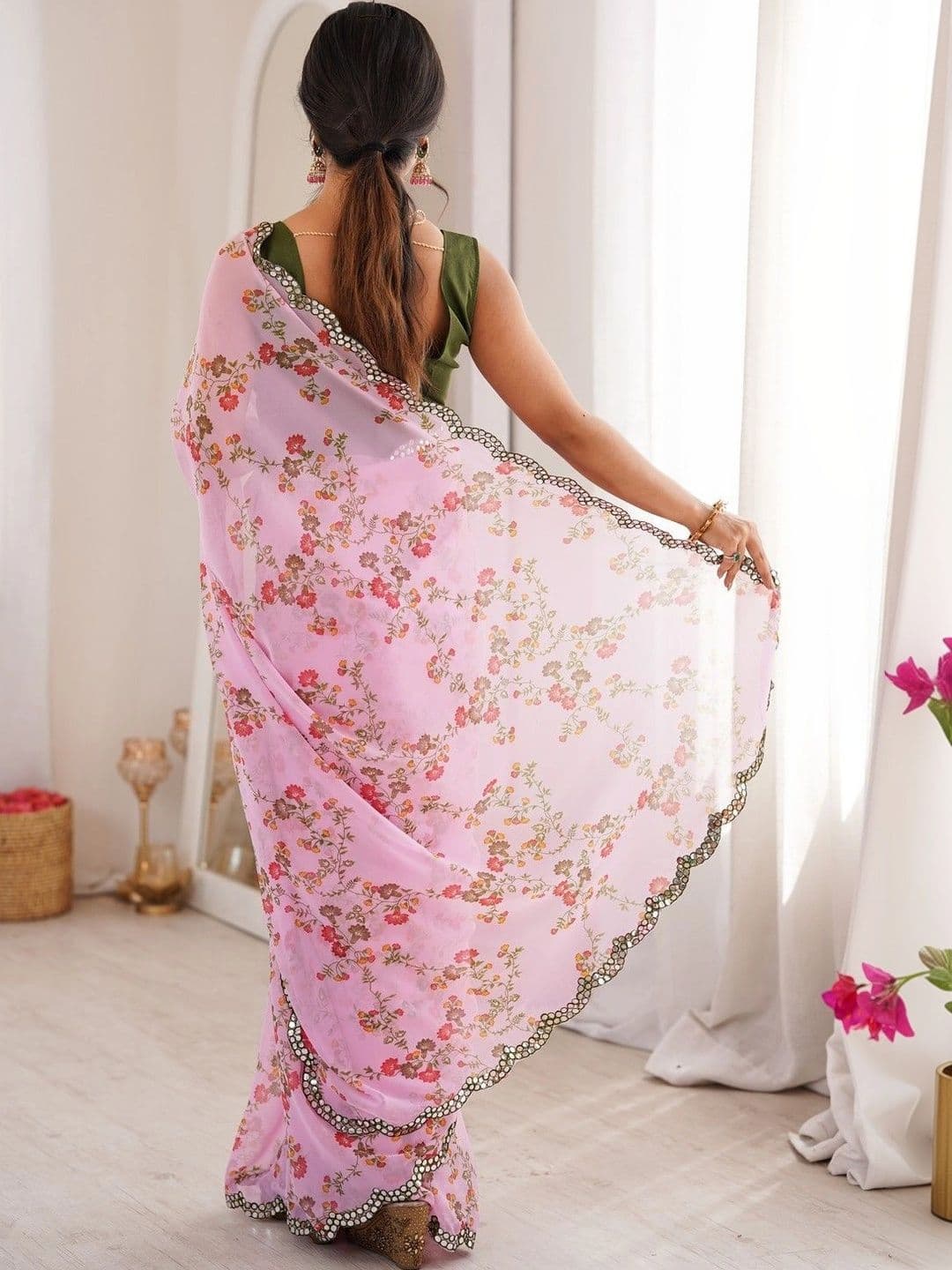 Mitera Floral Mirror Work Poly Georgette Saree thumbnail 3