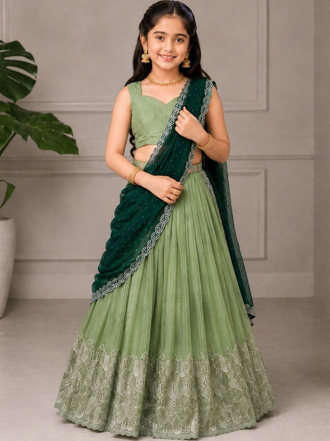 DEVANGI VASTRA Girls Thread Work Ready to Wear Lehenga & Unstitched Blouse With Dupatta thumbnail 2