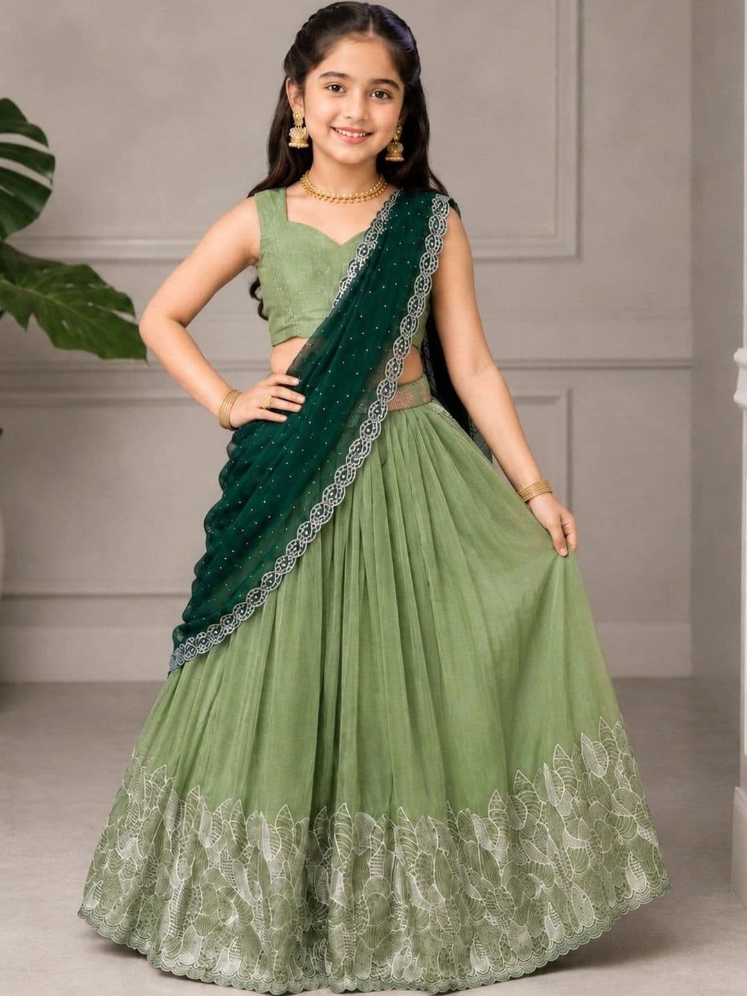 DEVANGI VASTRA Girls Thread Work Ready to Wear Lehenga & Unstitched Blouse With Dupatta - view 1