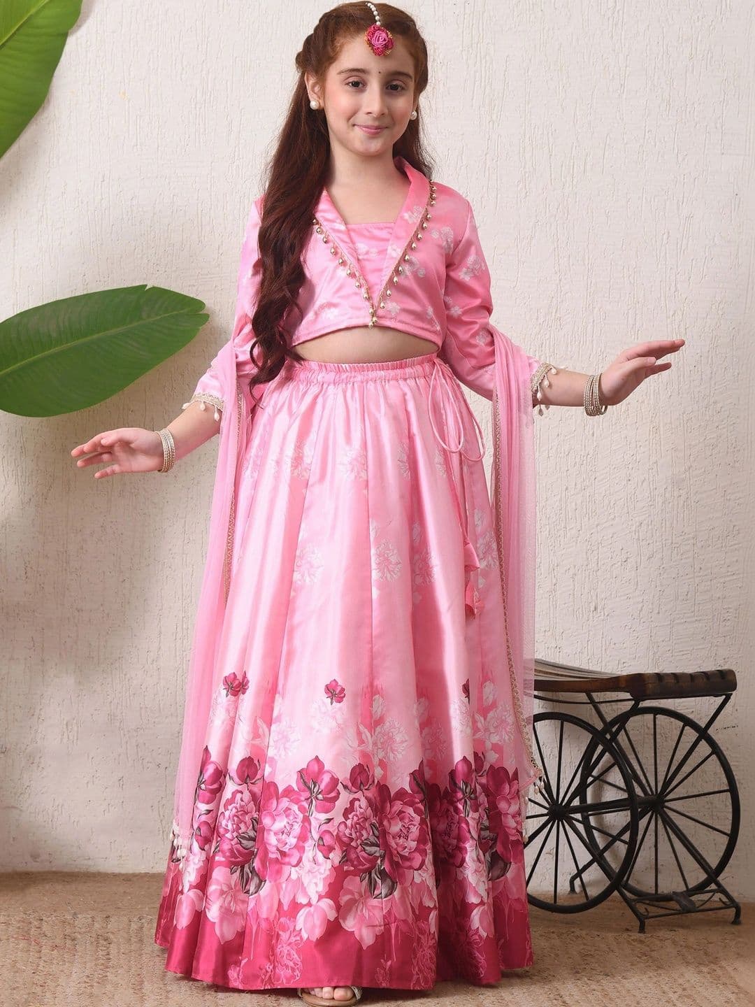 Indi-Loom Couture Girls Printed Beads and Stones Ready to Wear Lehenga & Blouse With Dupatta - view 1