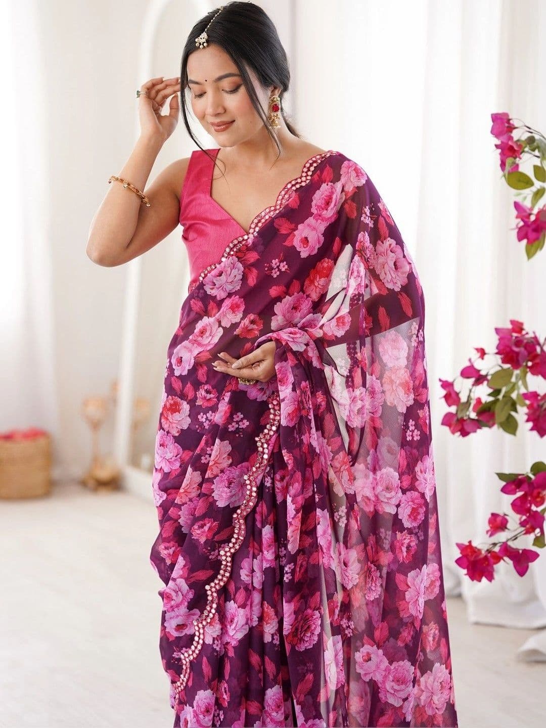 Mitera Floral Mirror Work Poly Georgette Saree thumbnail 5