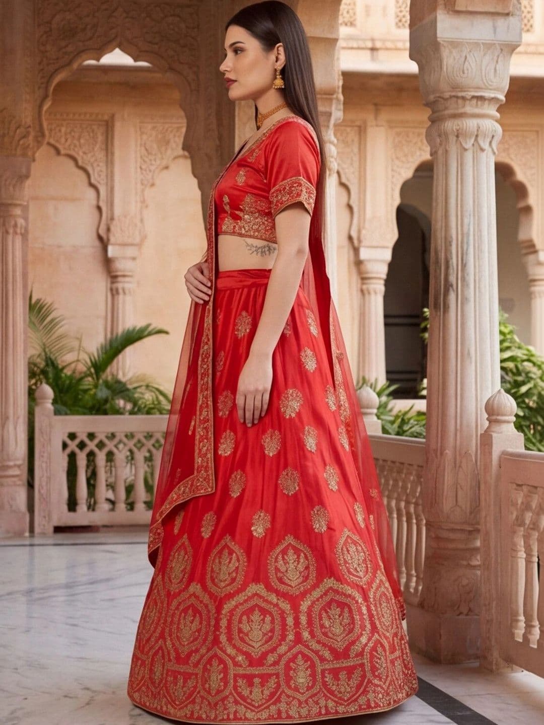 Sangria Embroidered Semi-Stitched Lehenga & Unstitched Blouse With Dupatta thumbnail 6