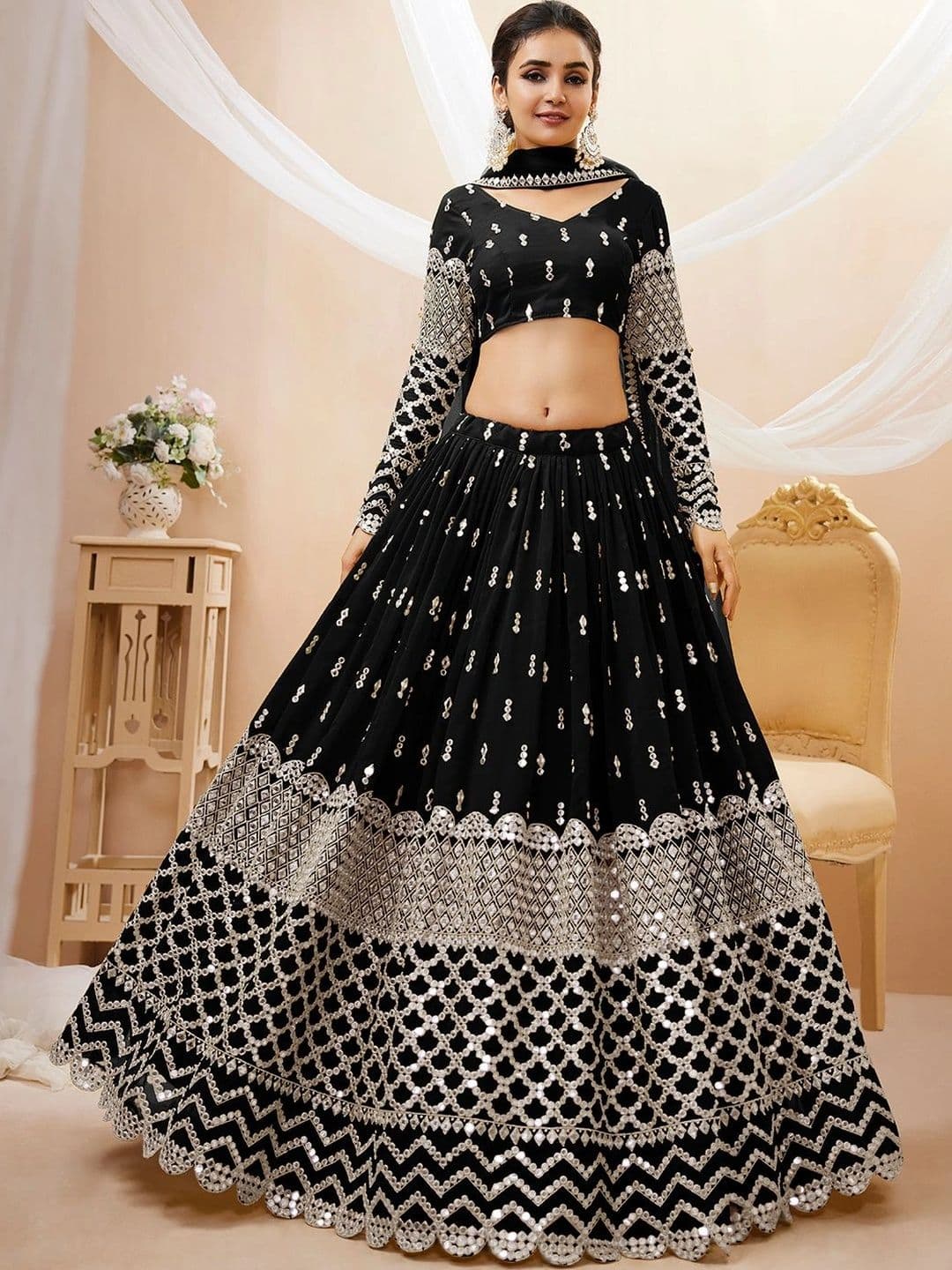 Zeel Clothing Embellished Mirror Work Semi-Stitched Lehenga & Unstitched Blouse With Dupatta thumbnail 2