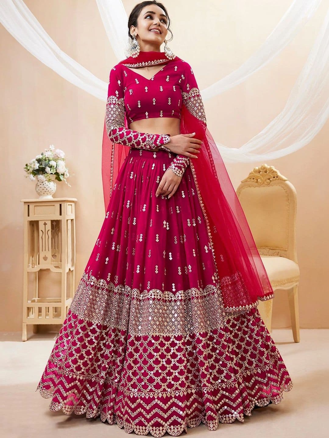 Zeel Clothing Embellished Mirror Work Semi-Stitched Lehenga & Unstitched Blouse With Dupatta - view 1