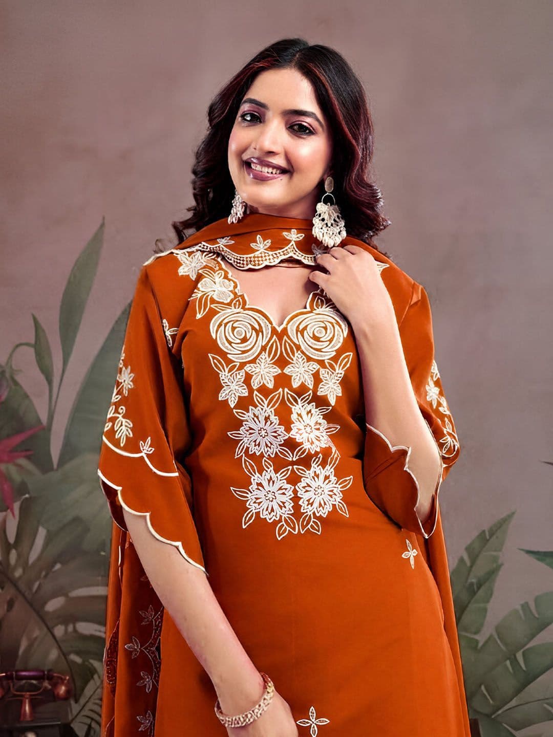 Sangria Women Floral Embroidered Regular Thread Work Kurta with Trousers & With Dupatta - view 1