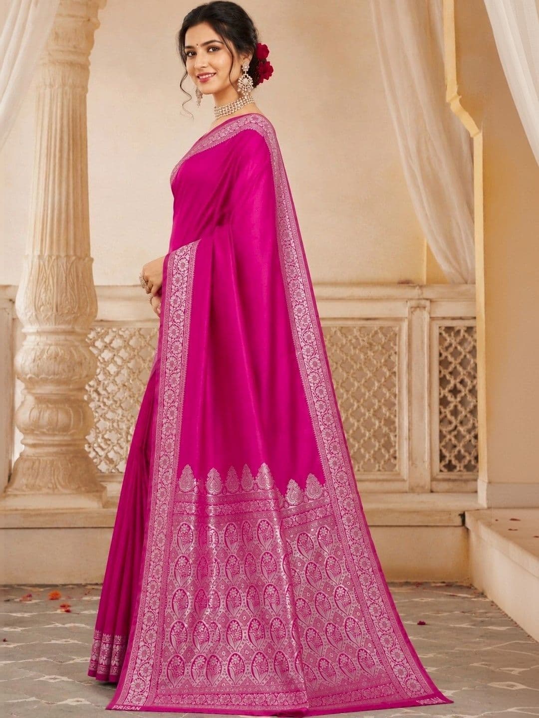 Prisan Women Rani Kumkum Woven Banarasi Soft Silk Saree with Unstitched Blouse thumbnail 6