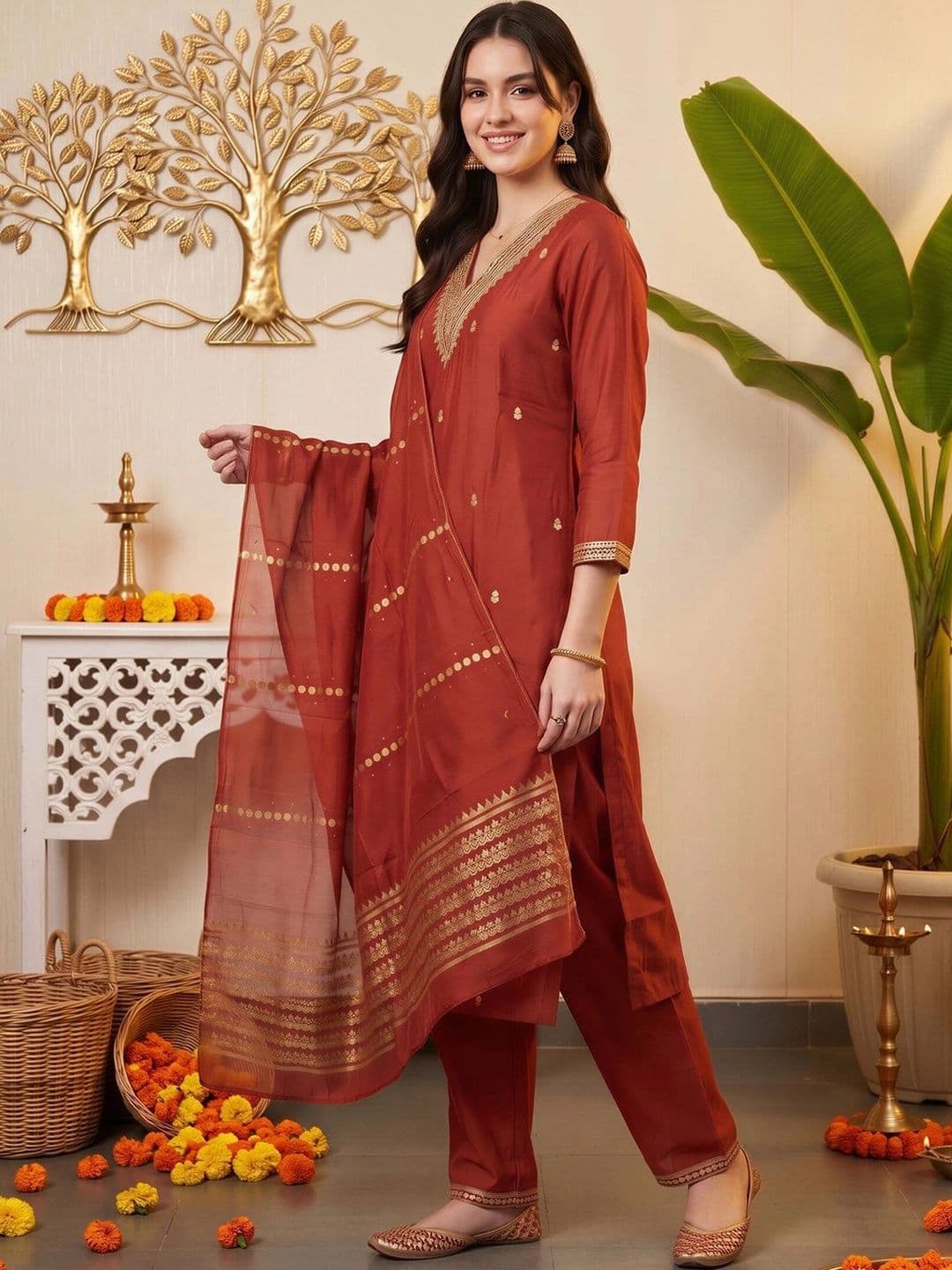 Indo Era Women Ethnic Motifs Embroidered Regular Kurta with Trousers & With Dupatta thumbnail 4