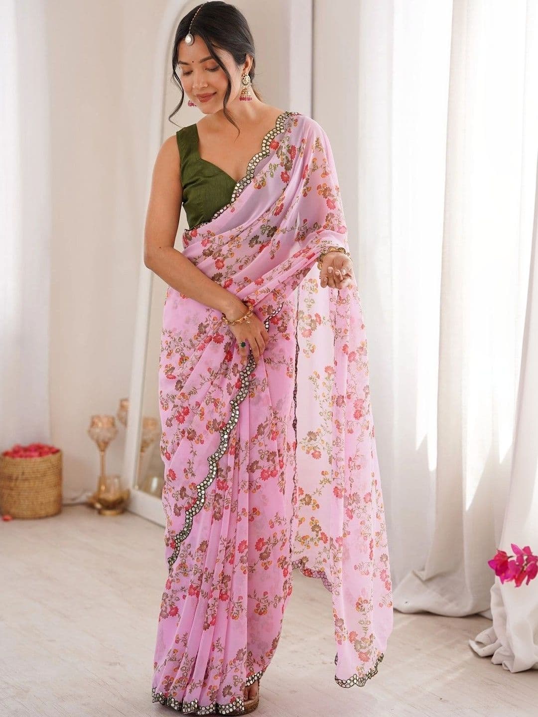 Mitera Floral Mirror Work Poly Georgette Saree thumbnail 4