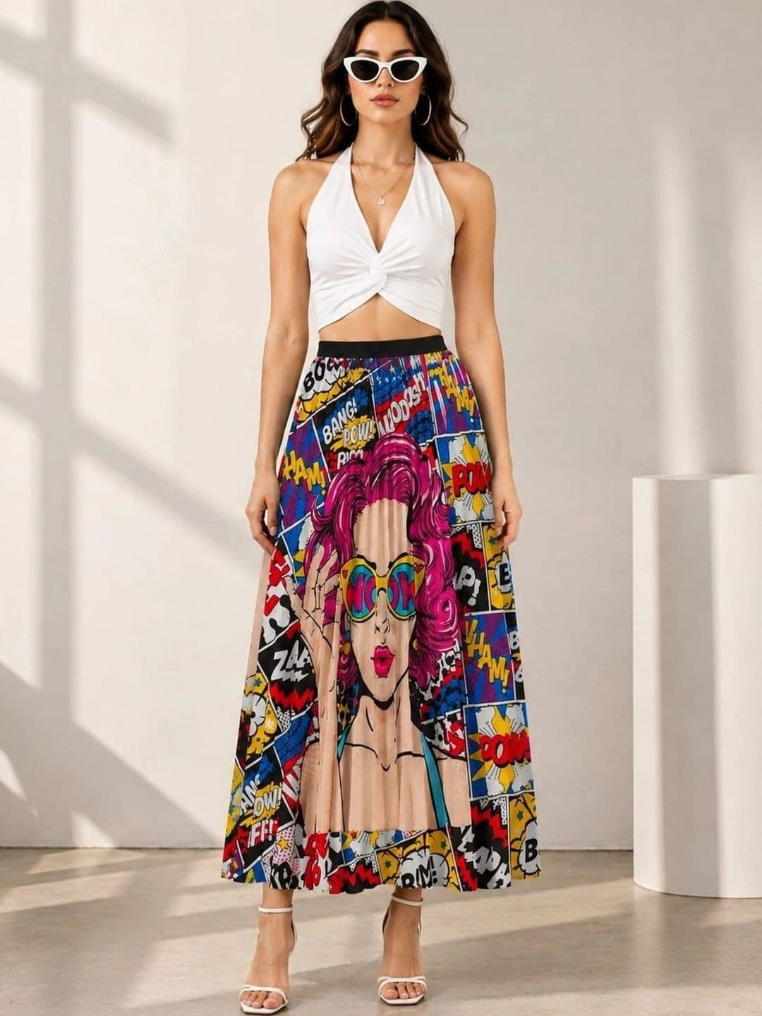 HIGH BUY Women Satin Graphic Graphic Print Others Maxi A-Line Skirt - view 1