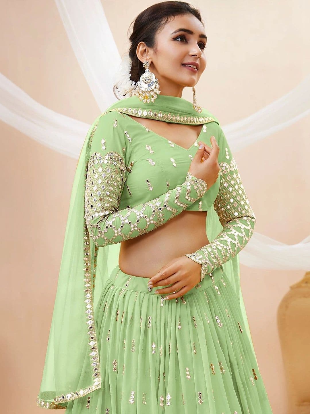 Zeel Clothing Embellished Mirror Work Semi-Stitched Lehenga & Unstitched Blouse With Dupatta thumbnail 4