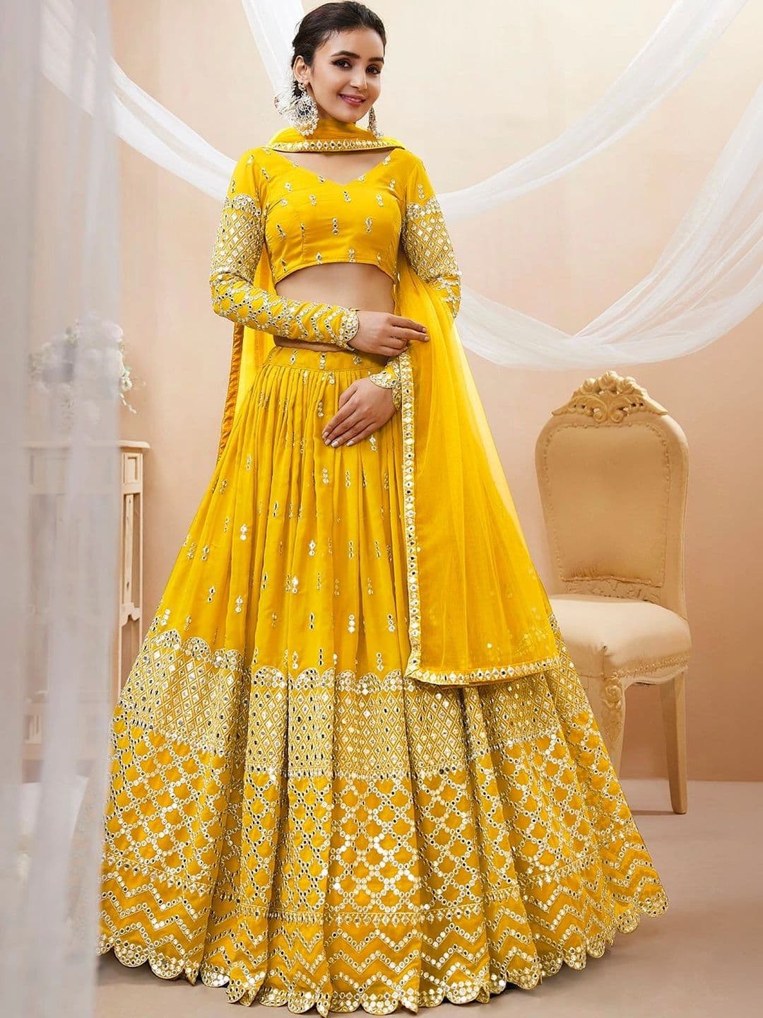 Zeel Clothing Embellished Mirror Work Semi-Stitched Lehenga & Unstitched Blouse With Dupatta - view 1