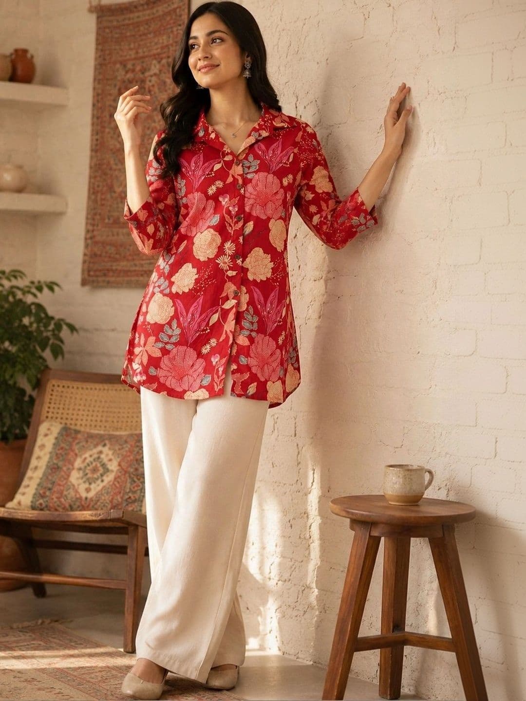 FERANOID Floral Printed Shirt Collar Pure Cotton Blend Kurti thumbnail 2