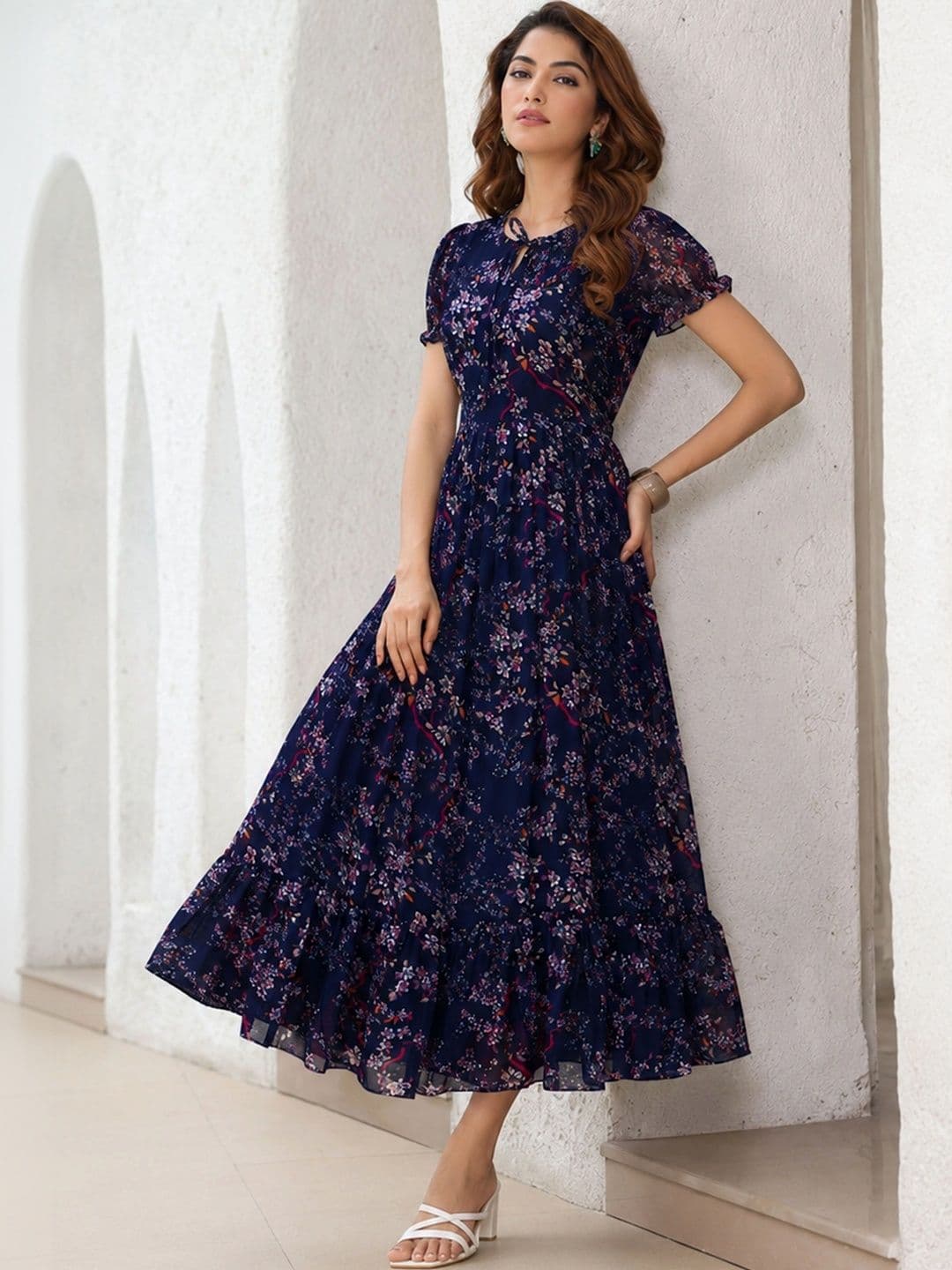 QENA Floral Print Puff Sleeve Georgette A-Line Midi Dress thumbnail 3