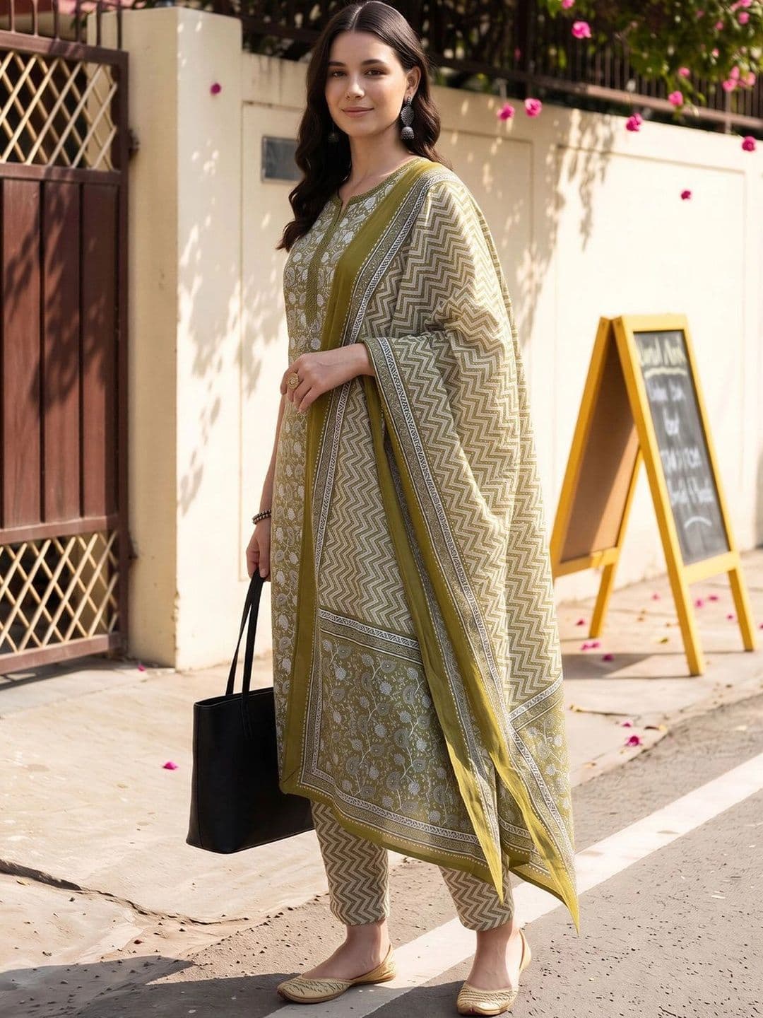 Indo Era Women Ethnic Motifs Printed Regular Pure Cotton Kurta with Trousers & With Dupatta thumbnail 3