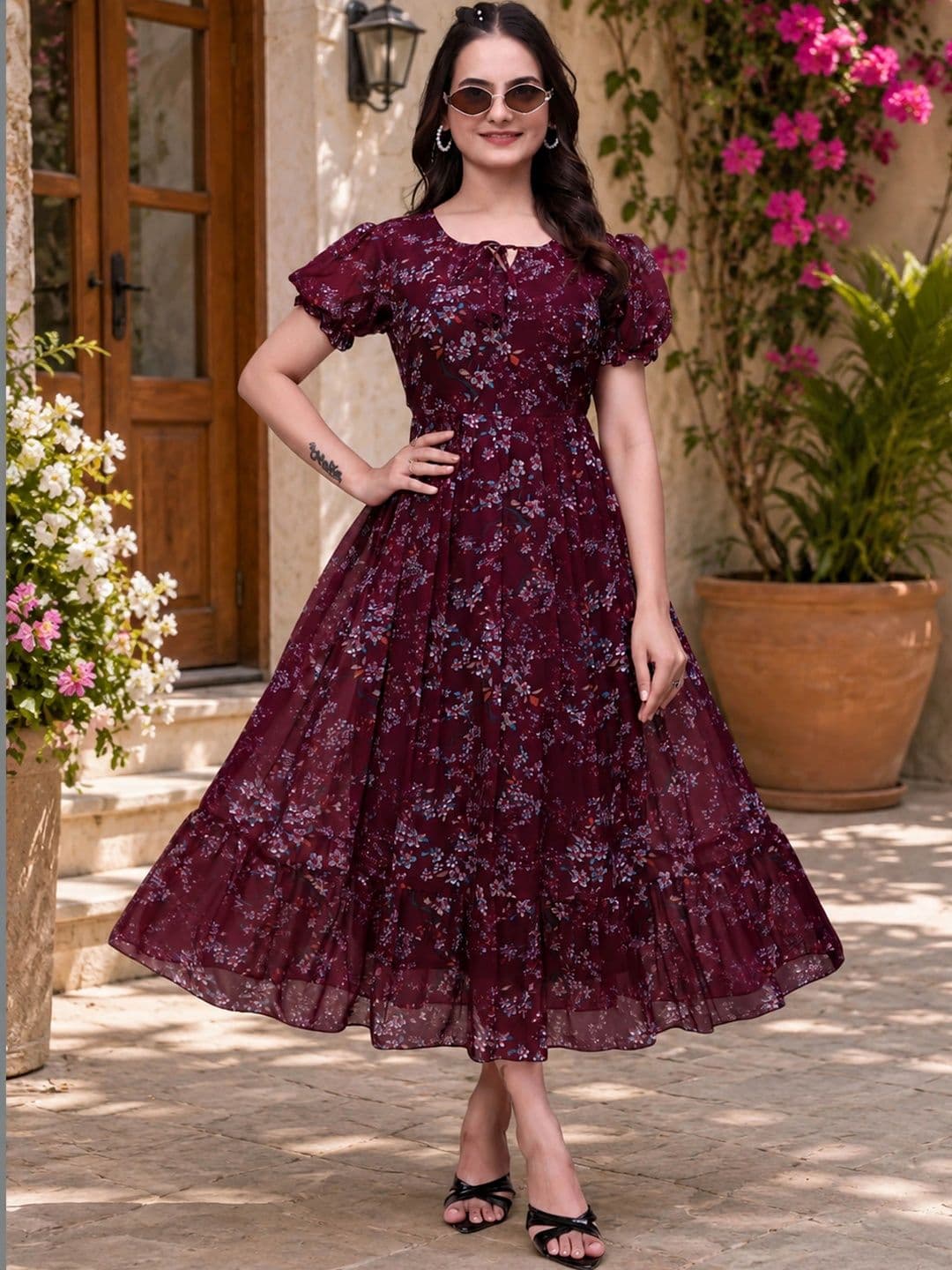QENA Floral Print Puff Sleeve Georgette A-Line Midi Dress thumbnail 4