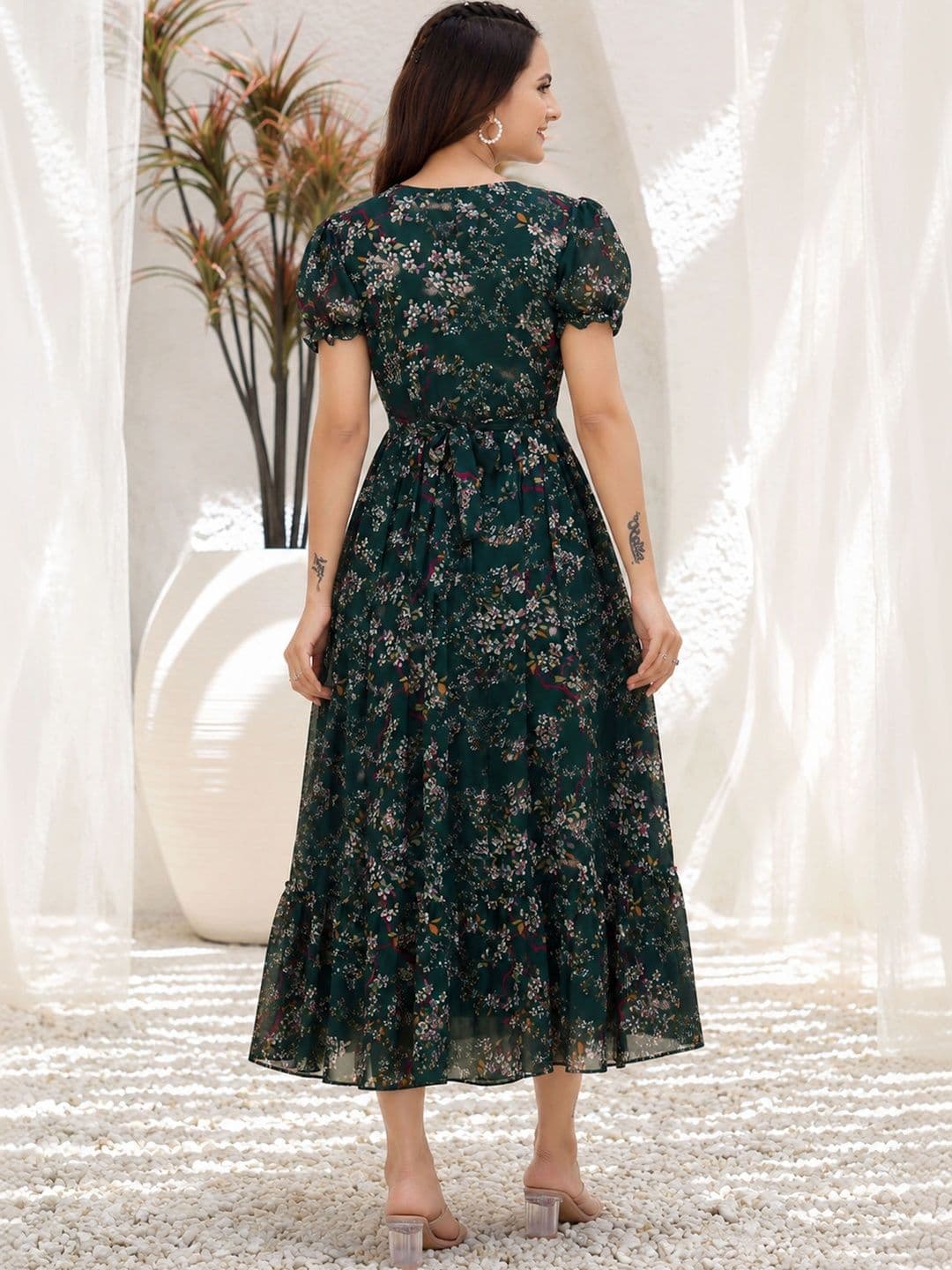 QENA Floral Print Puff Sleeve Georgette A-Line Midi Dress thumbnail 5