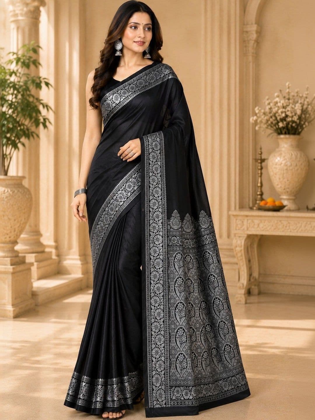 Prisan Women Black Woven Banarasi Soft Silk Saree with Unstitched Blouse thumbnail 2