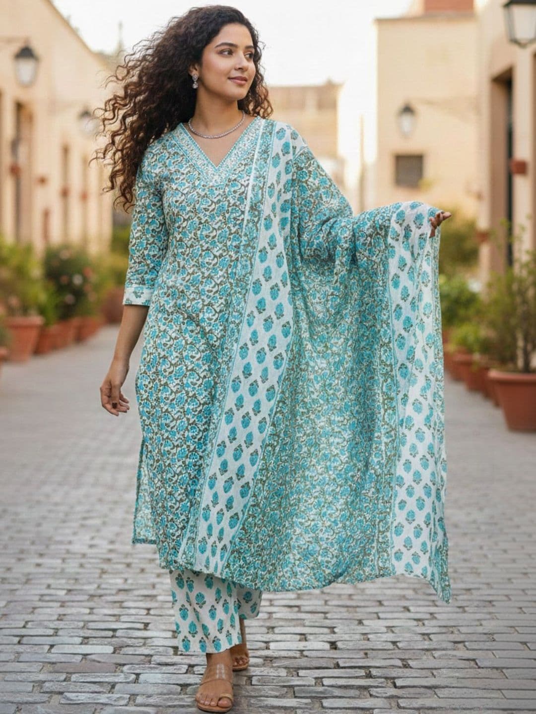 Varanga Women Floral Printed Regular Pure Cotton Kurta with Trousers & With Dupatta thumbnail 5