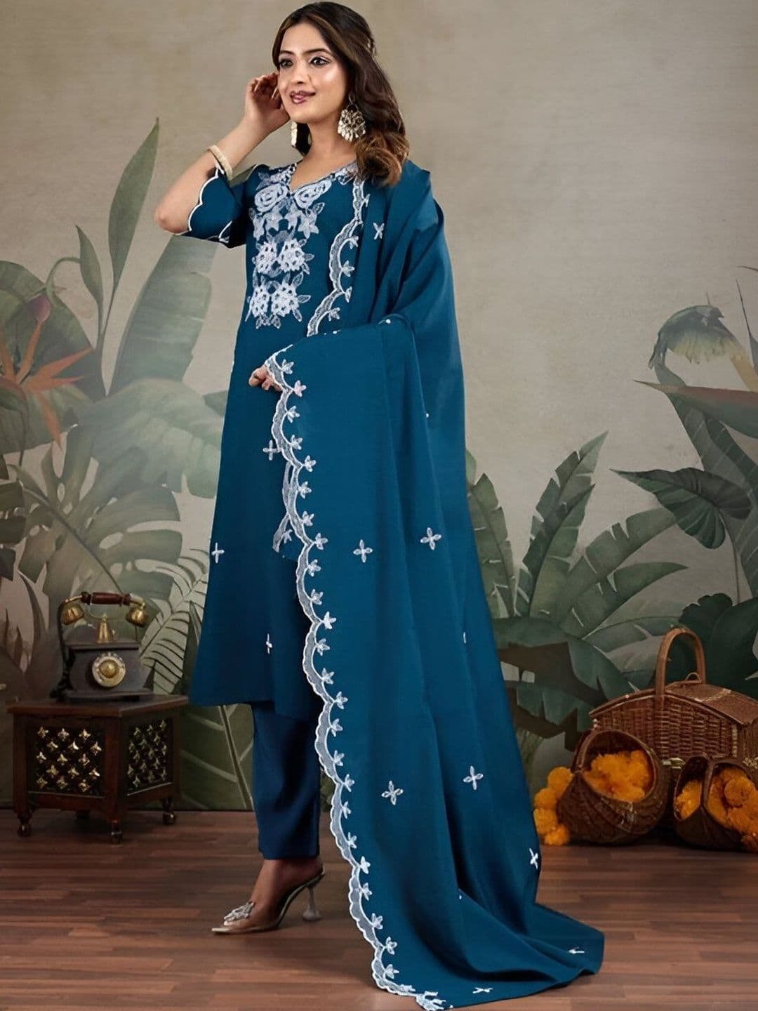 Sangria Women Floral Embroidered Regular Thread Work Kurta with Trousers & With Dupatta thumbnail 3