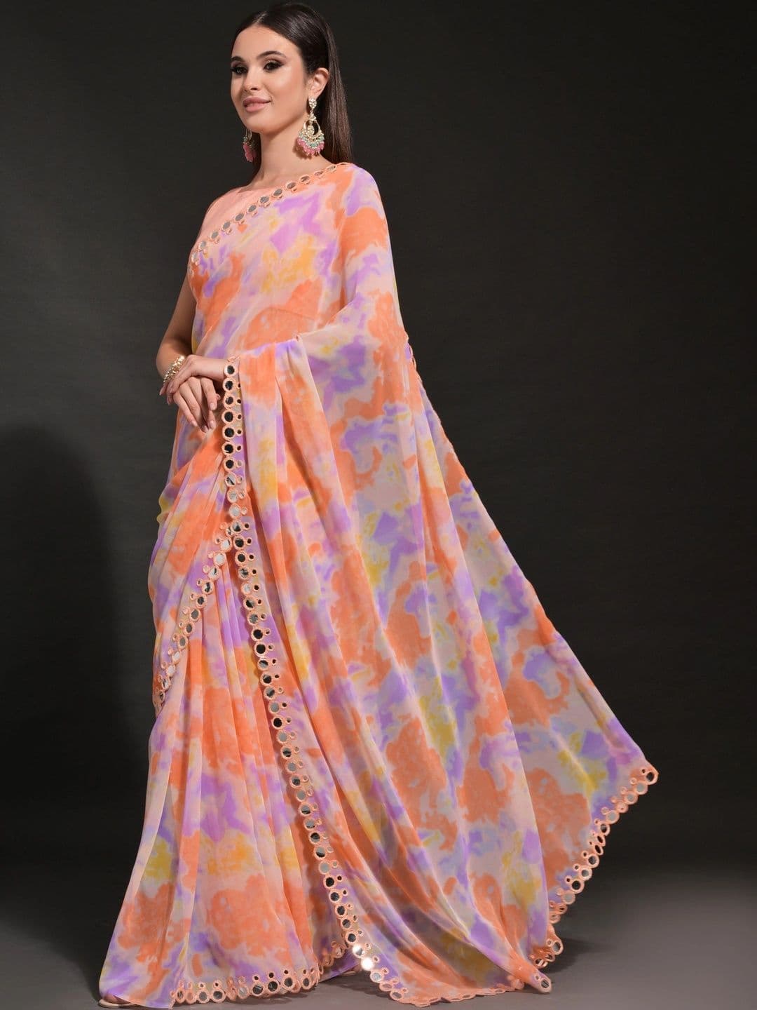 Mitera Tie and Dye Mirror Work Pure Georgette Saree thumbnail 4
