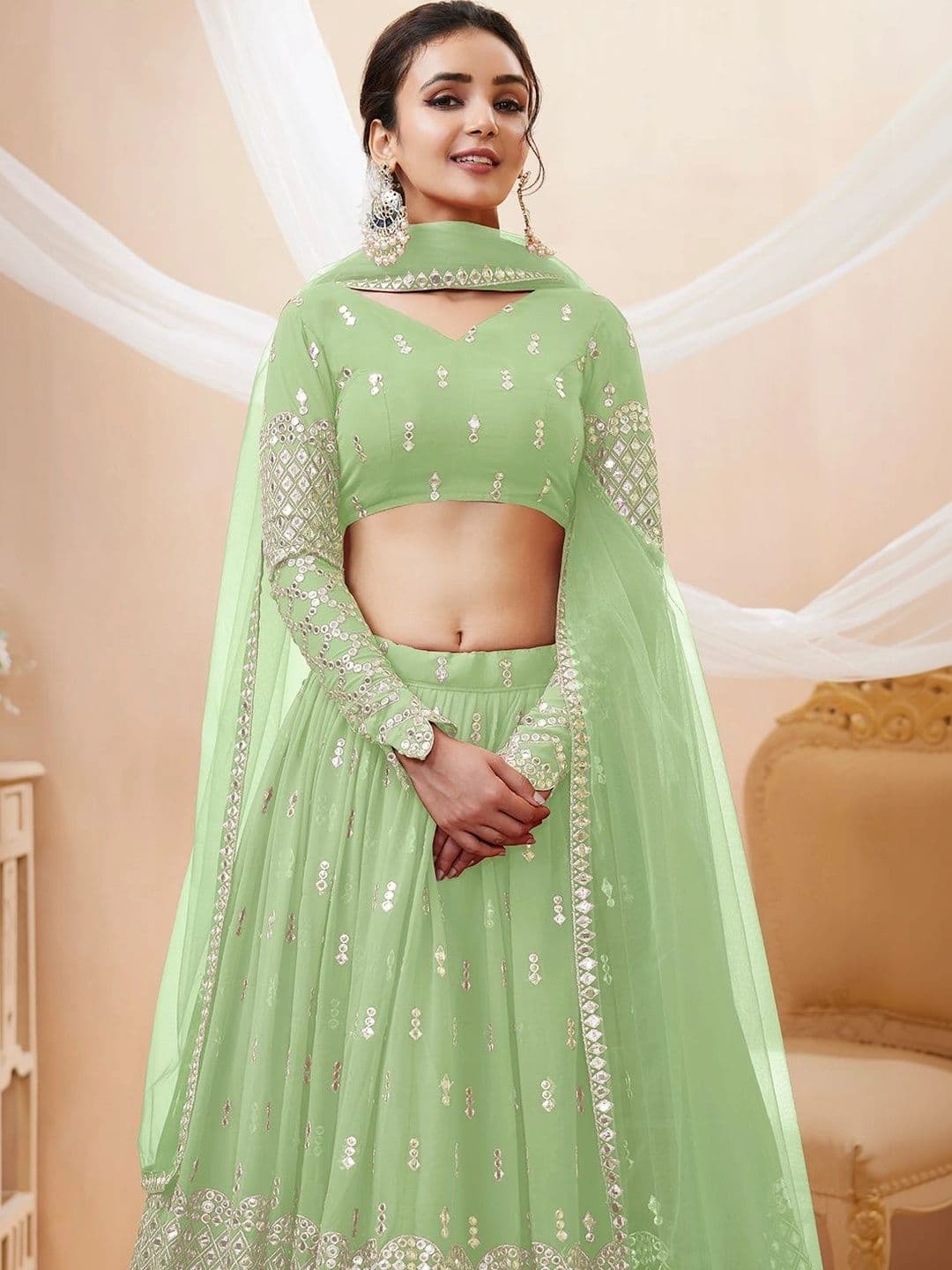 Zeel Clothing Embellished Mirror Work Semi-Stitched Lehenga & Unstitched Blouse With Dupatta thumbnail 5