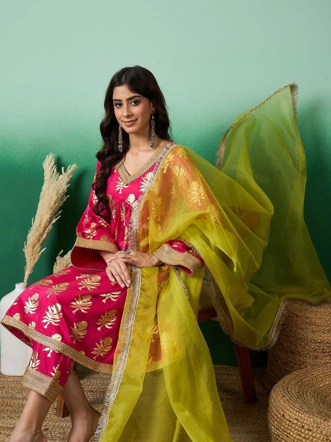 Sangria Women's Polyester Printed V-Neck Anarkali Kurta Set With Dupatta - view 1