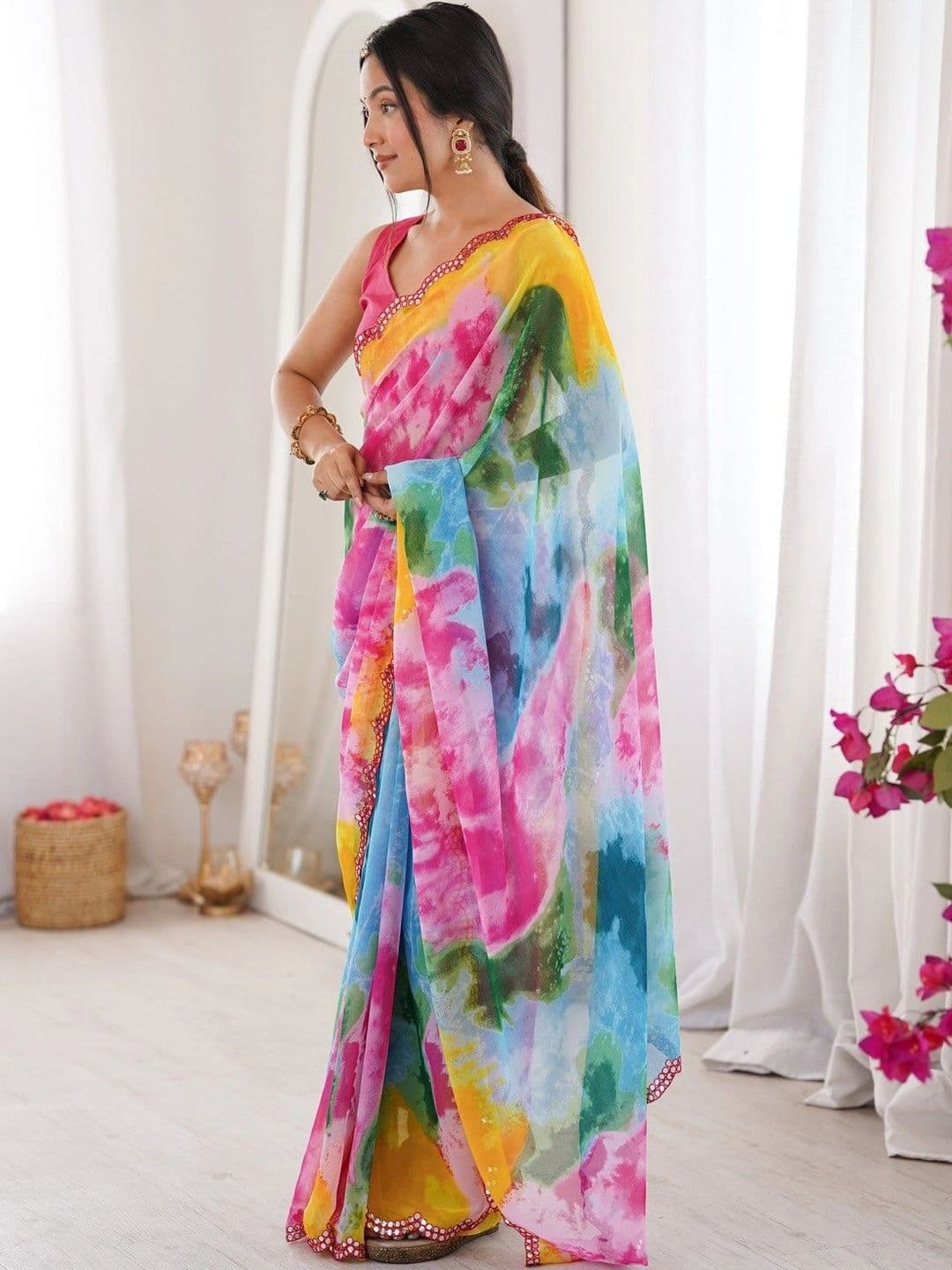 Mitera Tie and Dye Mirror Work Poly Georgette Saree thumbnail 6