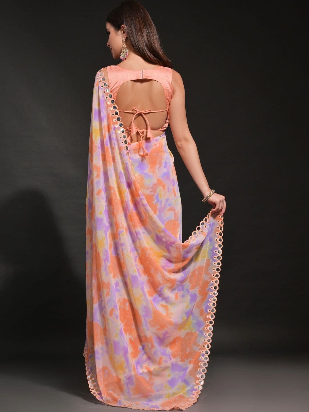 Mitera Tie and Dye Mirror Work Pure Georgette Saree thumbnail 3