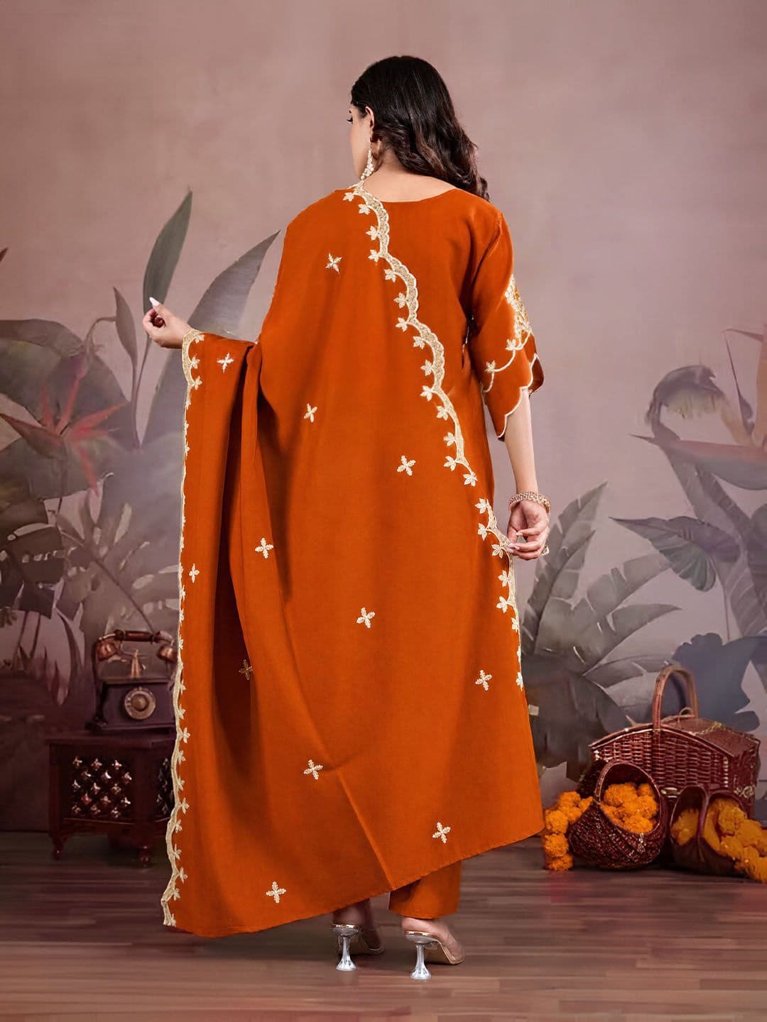 Sangria Women Floral Embroidered Regular Thread Work Kurta with Trousers & With Dupatta thumbnail 2