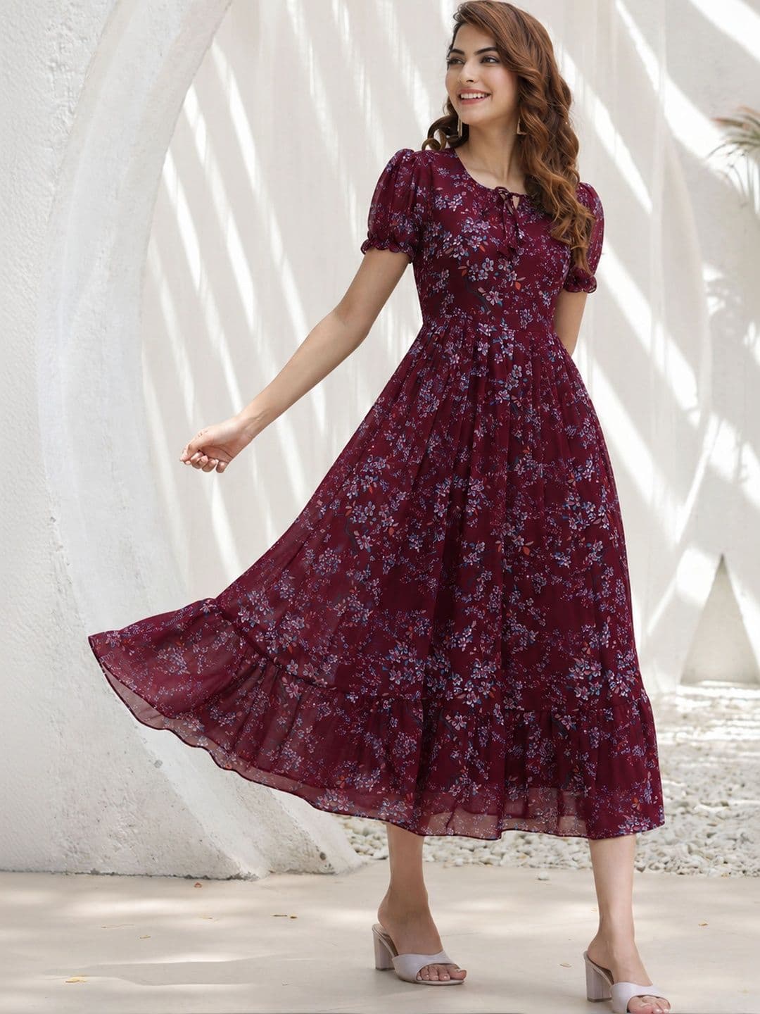 QENA Floral Print Puff Sleeve Georgette A-Line Midi Dress thumbnail 2