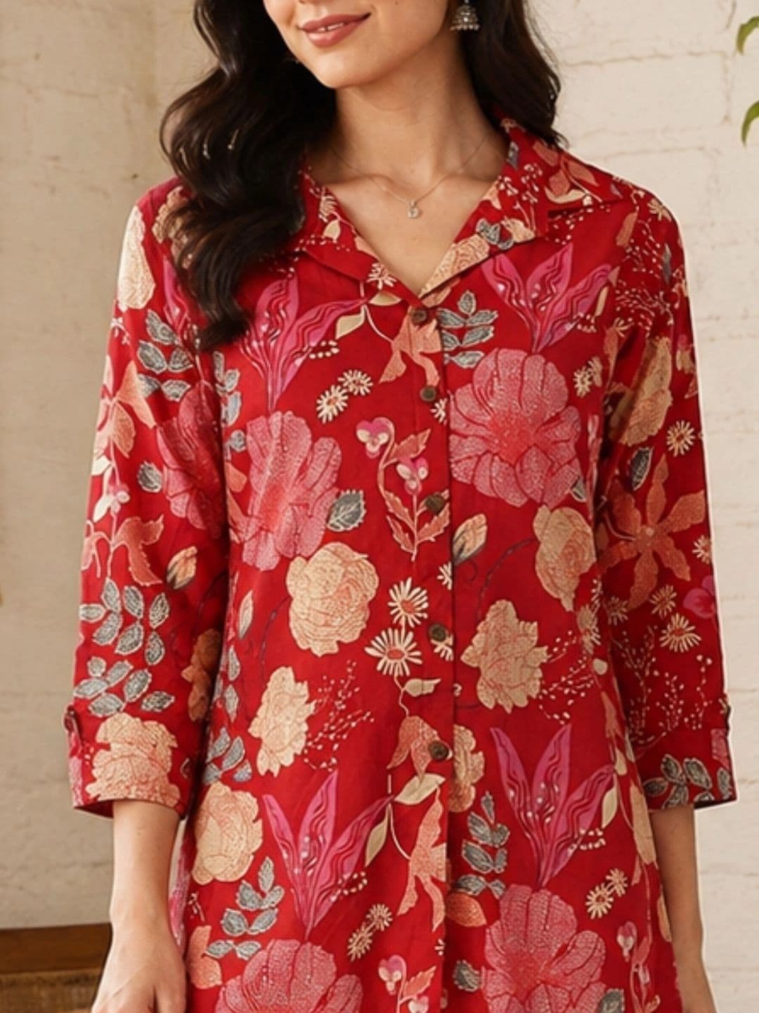 FERANOID Floral Printed Shirt Collar Pure Cotton Blend Kurti thumbnail 6