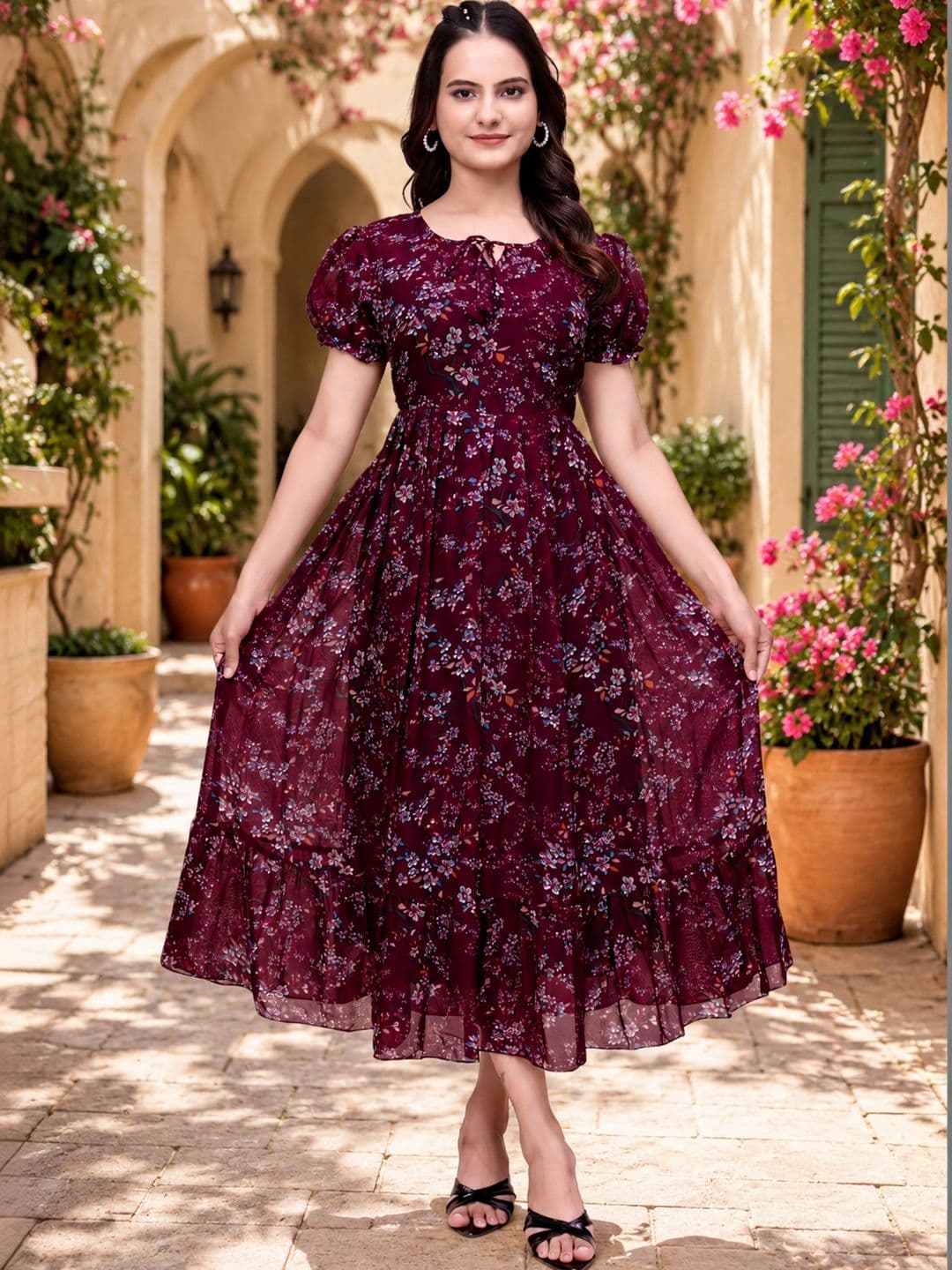 QENA Floral Print Puff Sleeve Georgette A-Line Midi Dress thumbnail 3