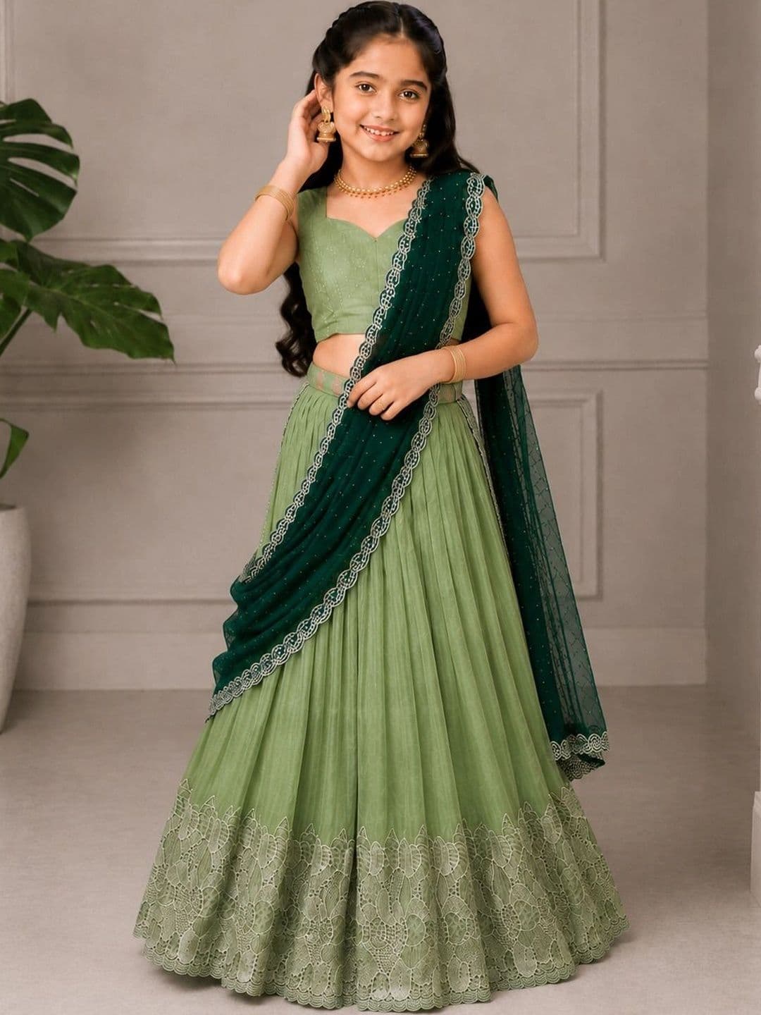 DEVANGI VASTRA Girls Thread Work Ready to Wear Lehenga & Unstitched Blouse With Dupatta thumbnail 5
