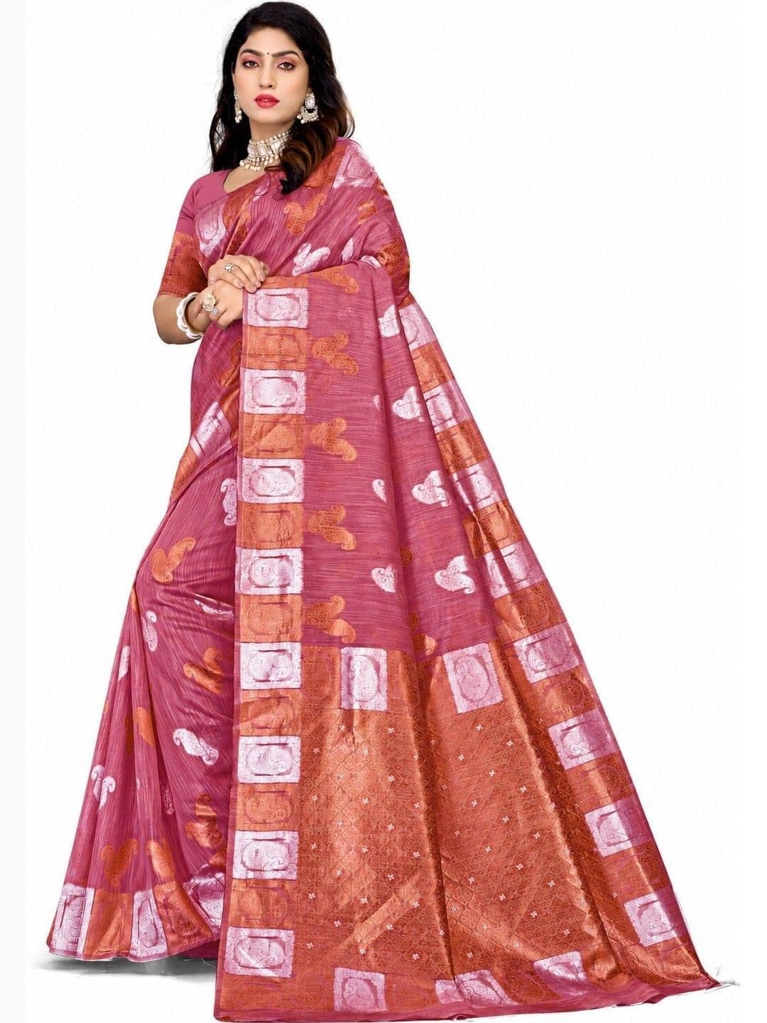 Prisan Women Gajri Woven Cotton Saree with Unstitched Blouse thumbnail 5