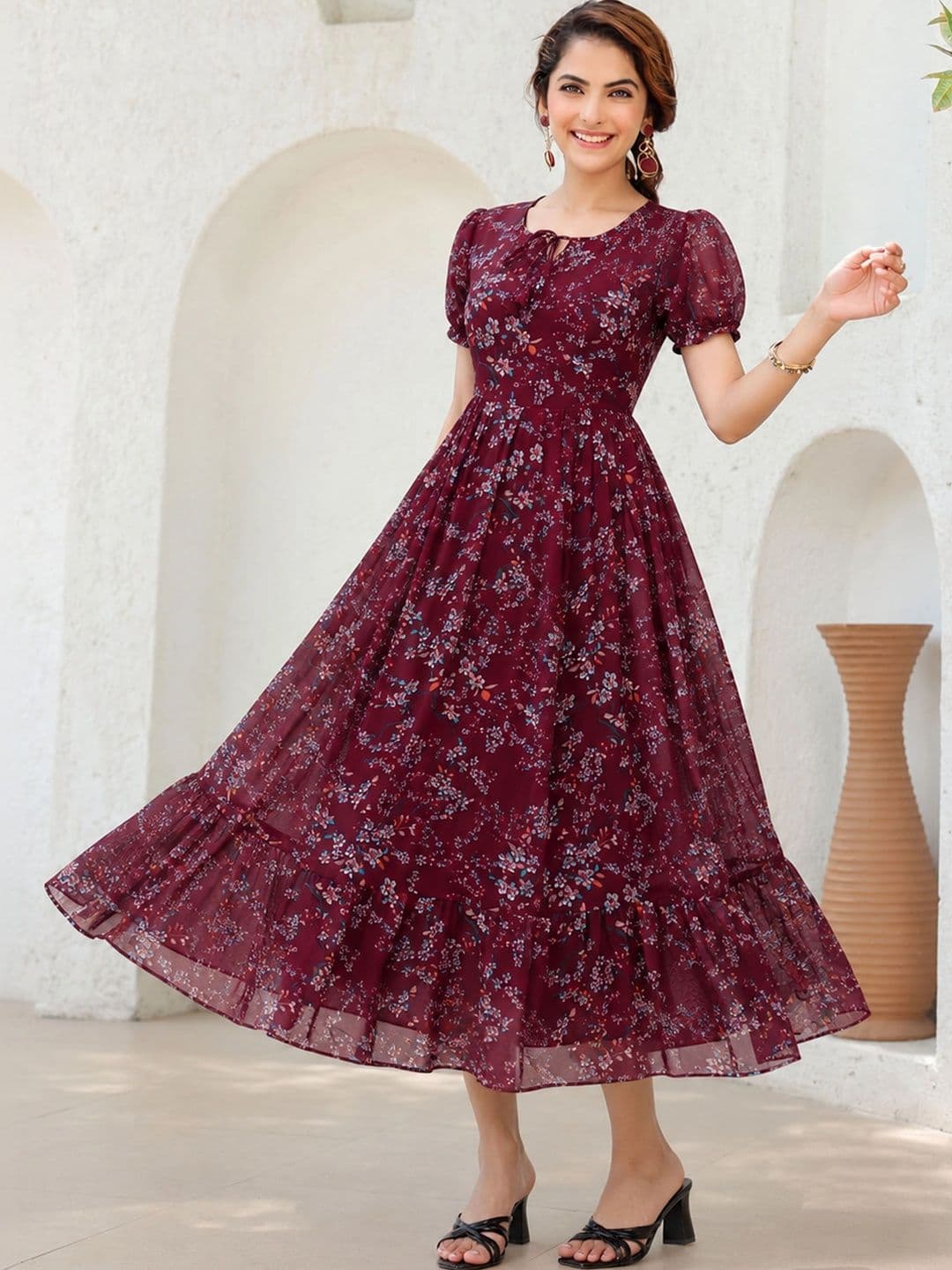 QENA Floral Print Puff Sleeve Georgette A-Line Midi Dress thumbnail 4