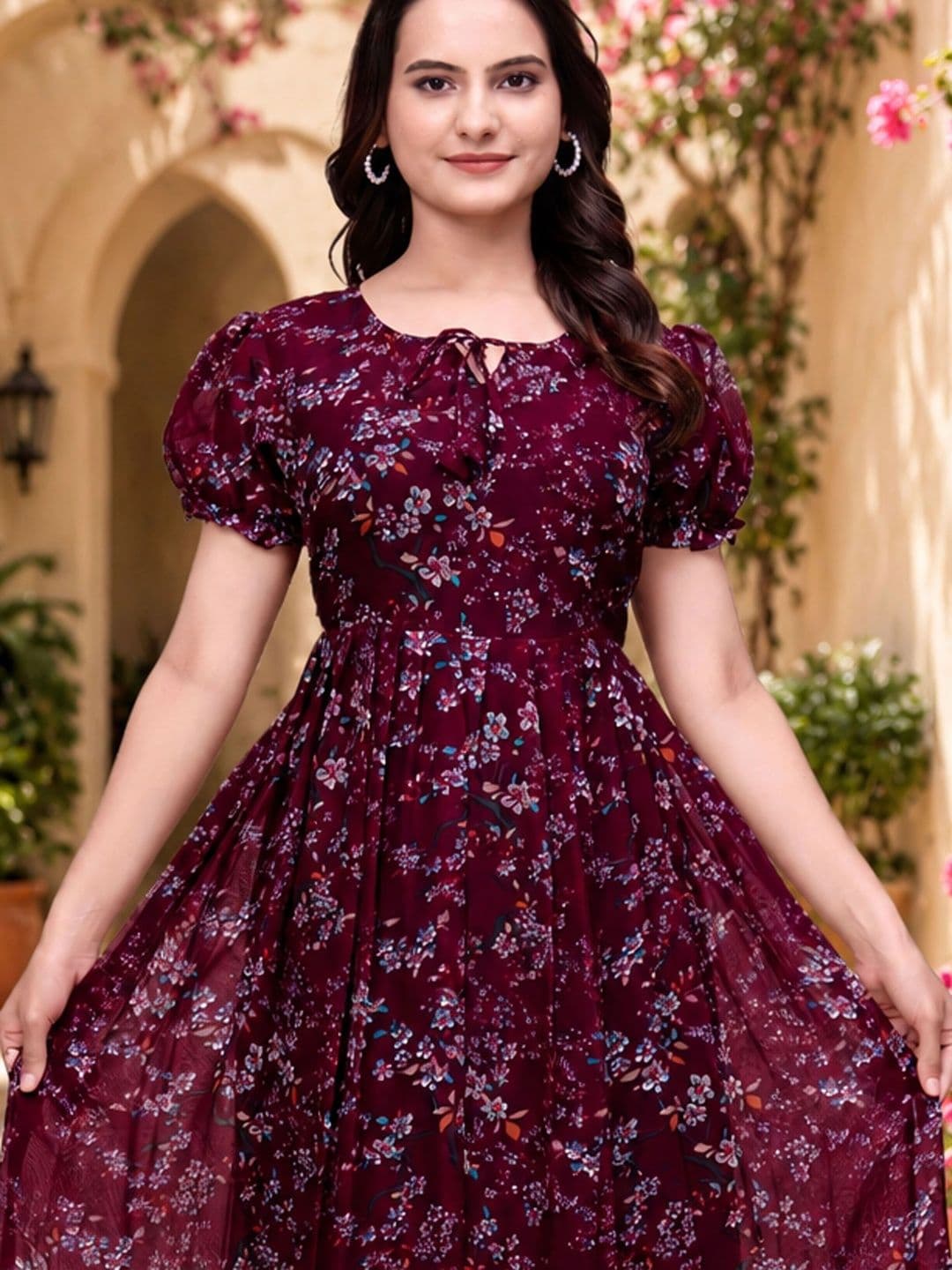 QENA Floral Print Puff Sleeve Georgette A-Line Midi Dress thumbnail 2