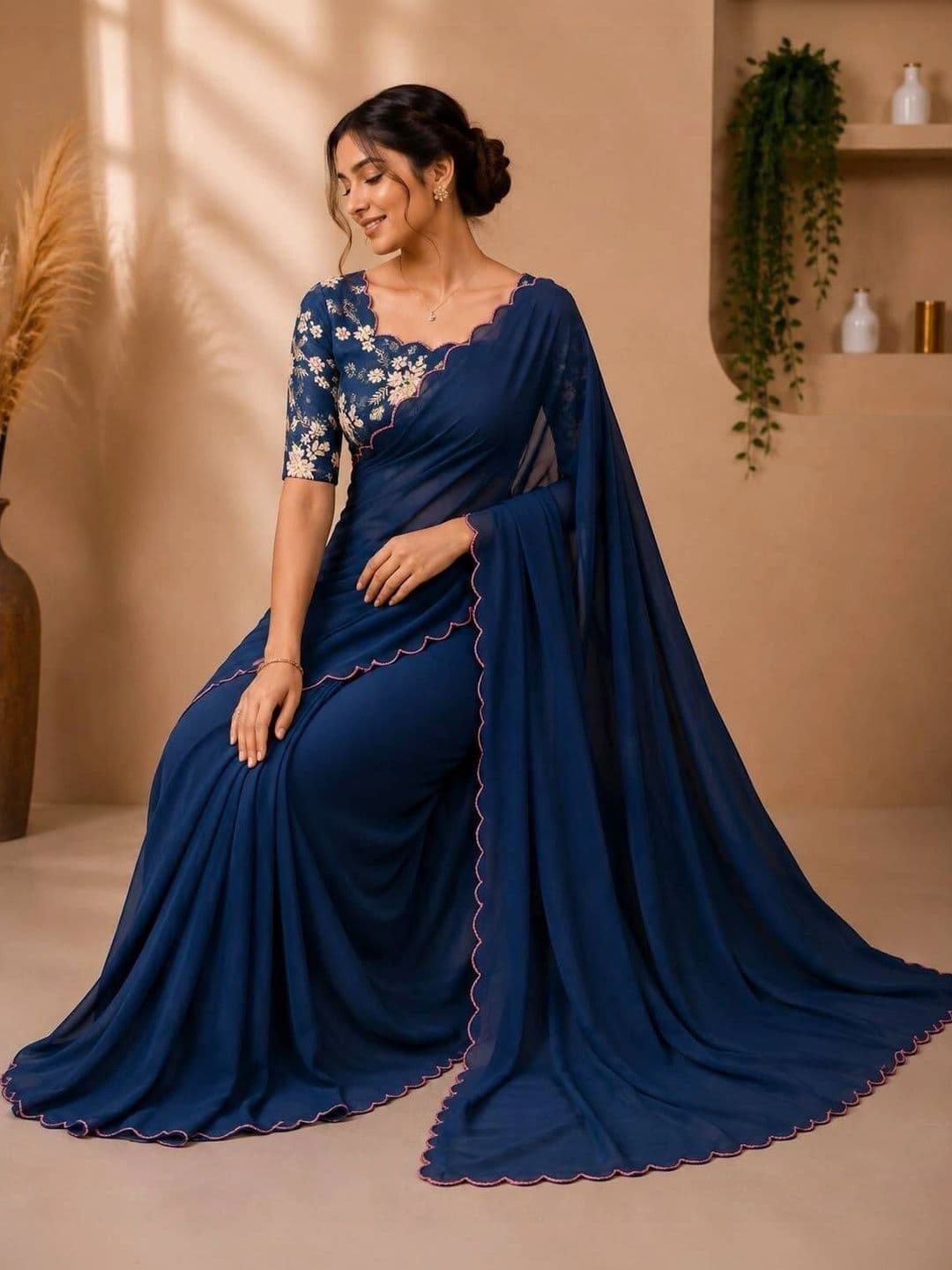 Vastra Drape Floral Embroidered Poly Georgette Saree - view 1