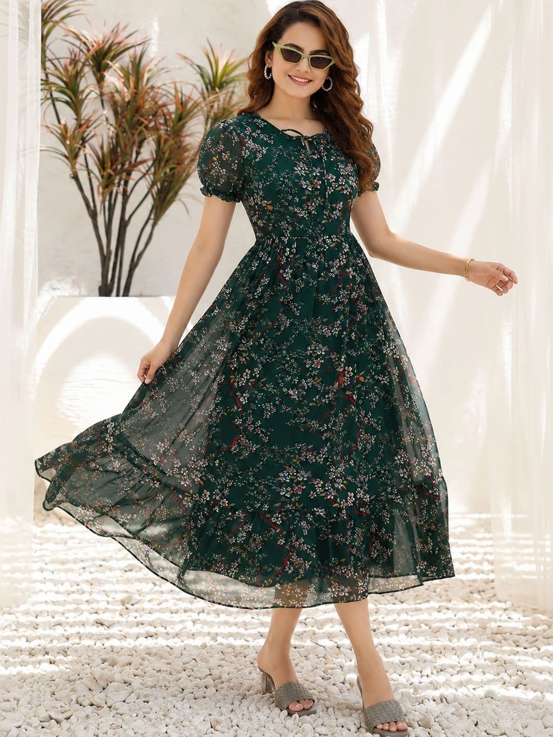 QENA Floral Print Puff Sleeve Georgette A-Line Midi Dress thumbnail 4