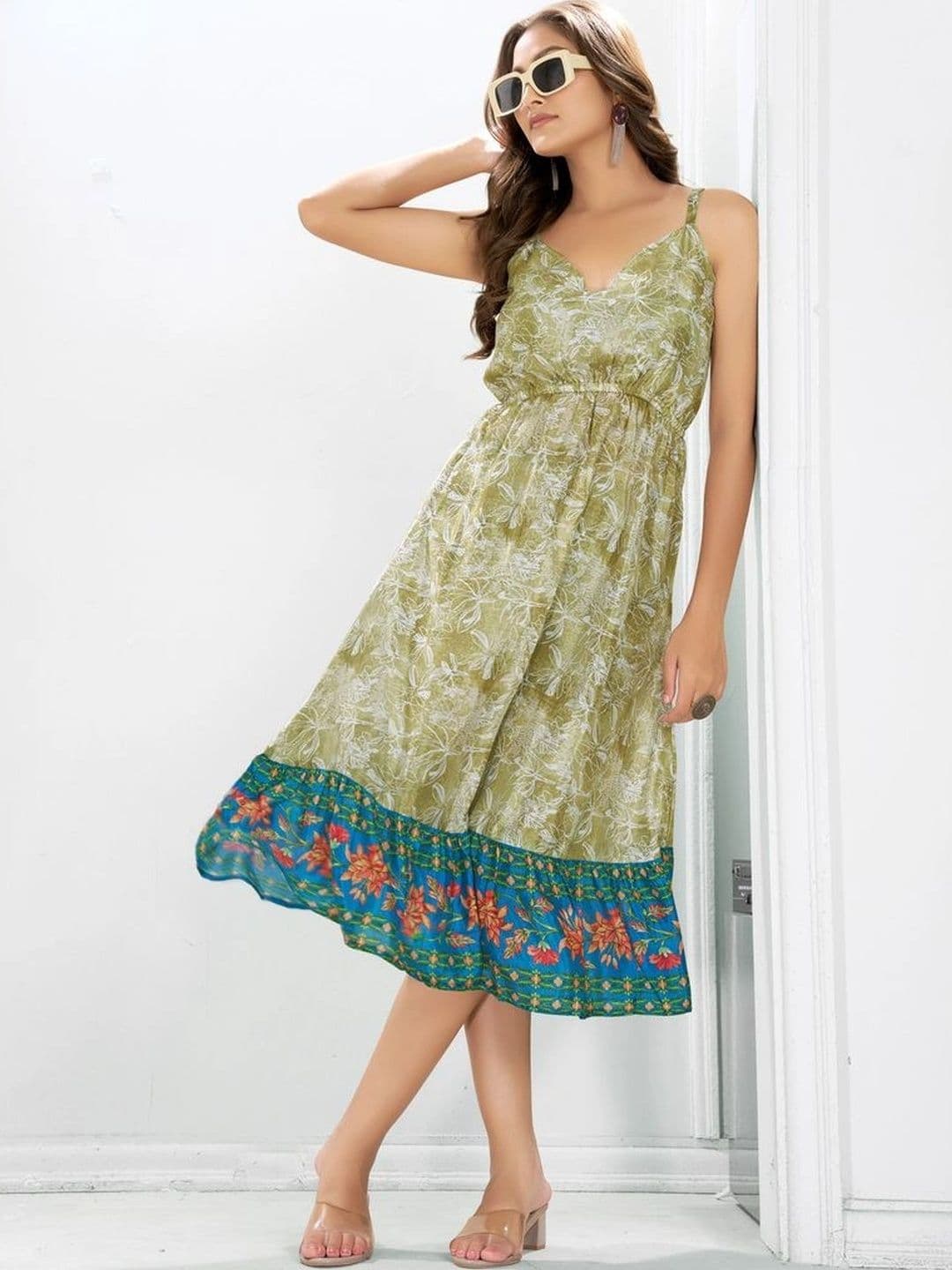 HR FASHION ZONE Printed V-Neck A-Line Midi Dress thumbnail 3