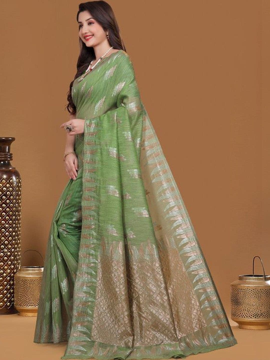 Prisan Women Parrot Green Woven Cotton Saree with Unstitched Blouse - view 1