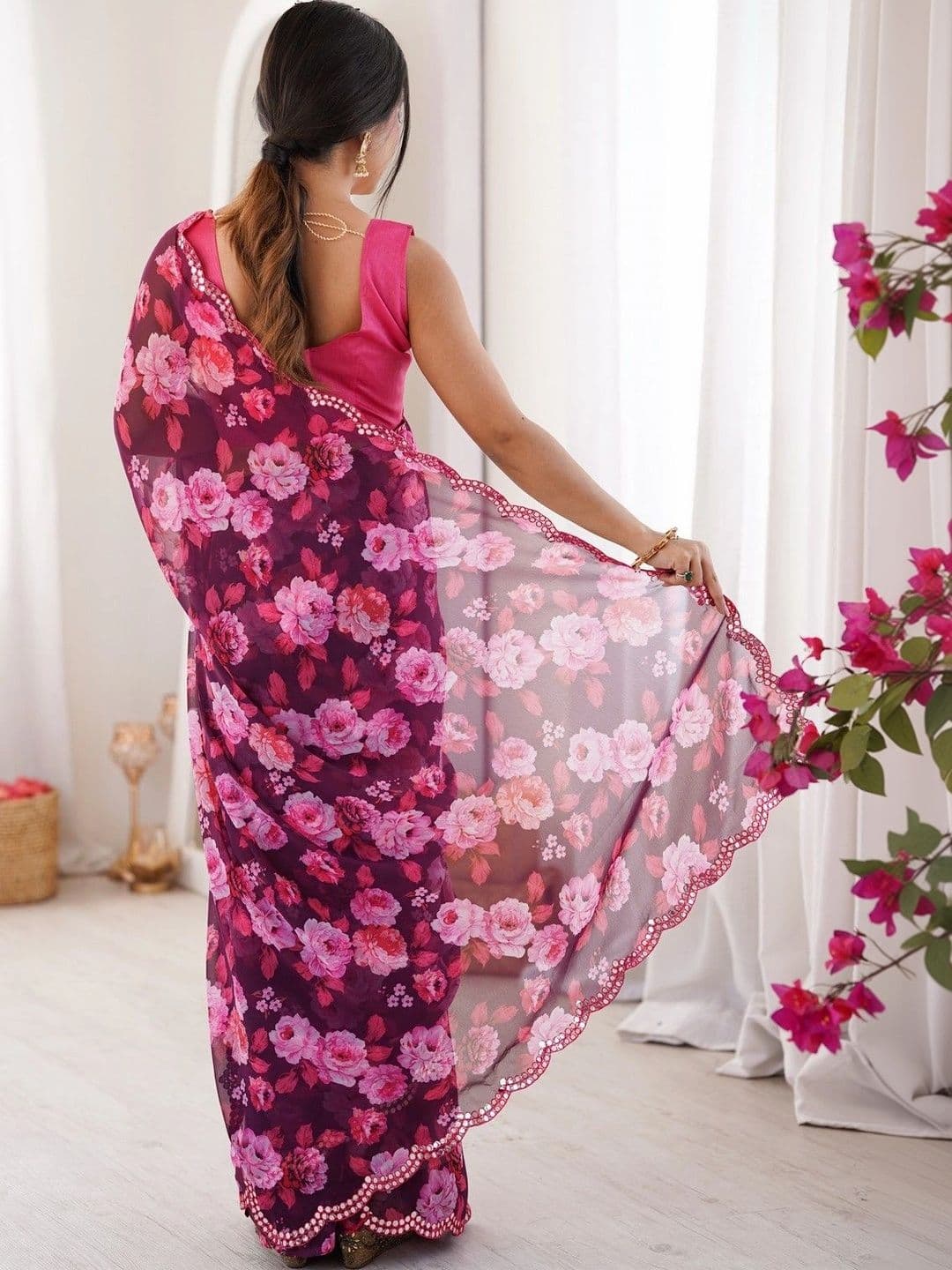 Mitera Floral Mirror Work Poly Georgette Saree thumbnail 7
