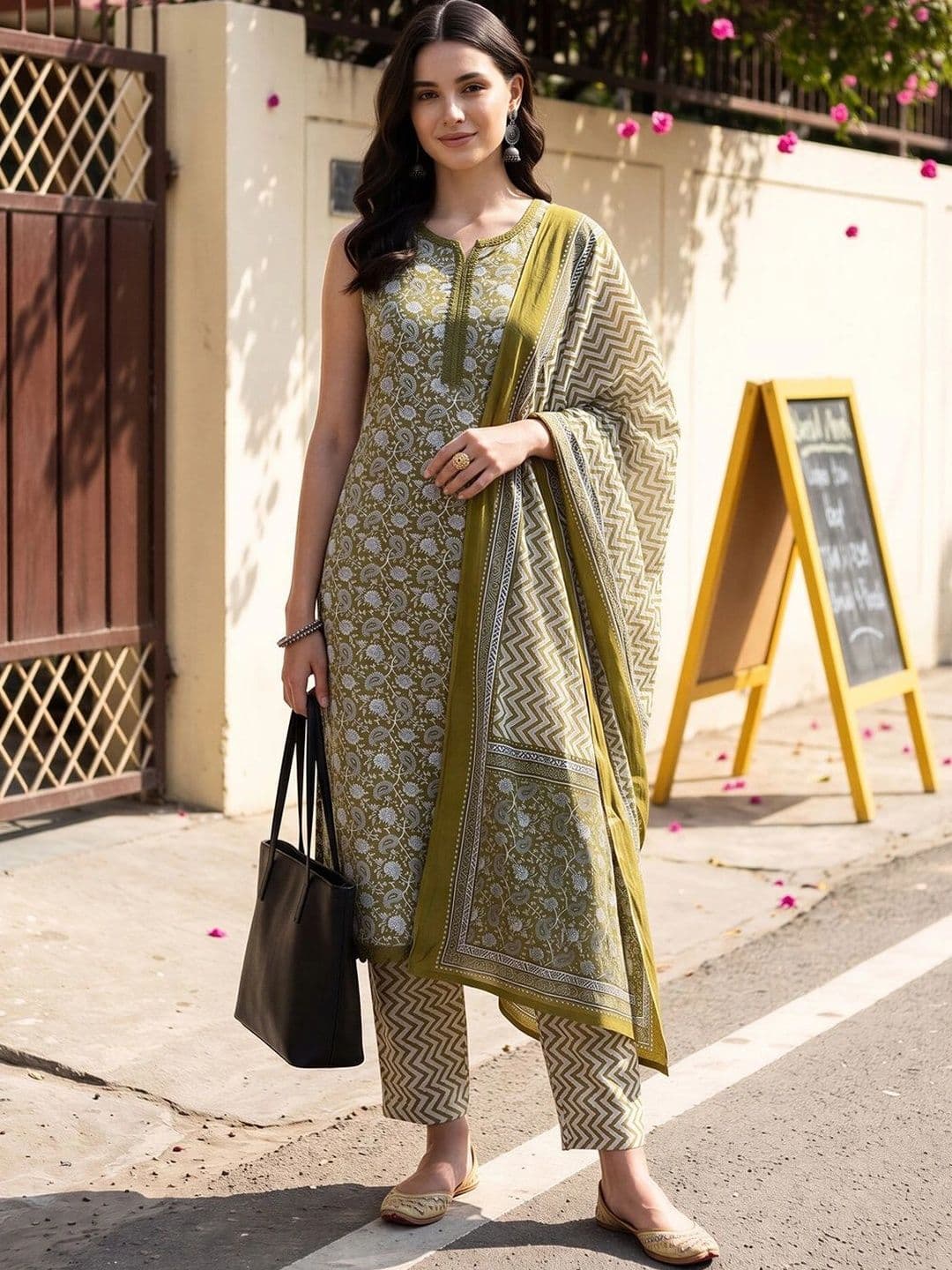 Indo Era Women Ethnic Motifs Printed Regular Pure Cotton Kurta with Trousers & With Dupatta - view 1