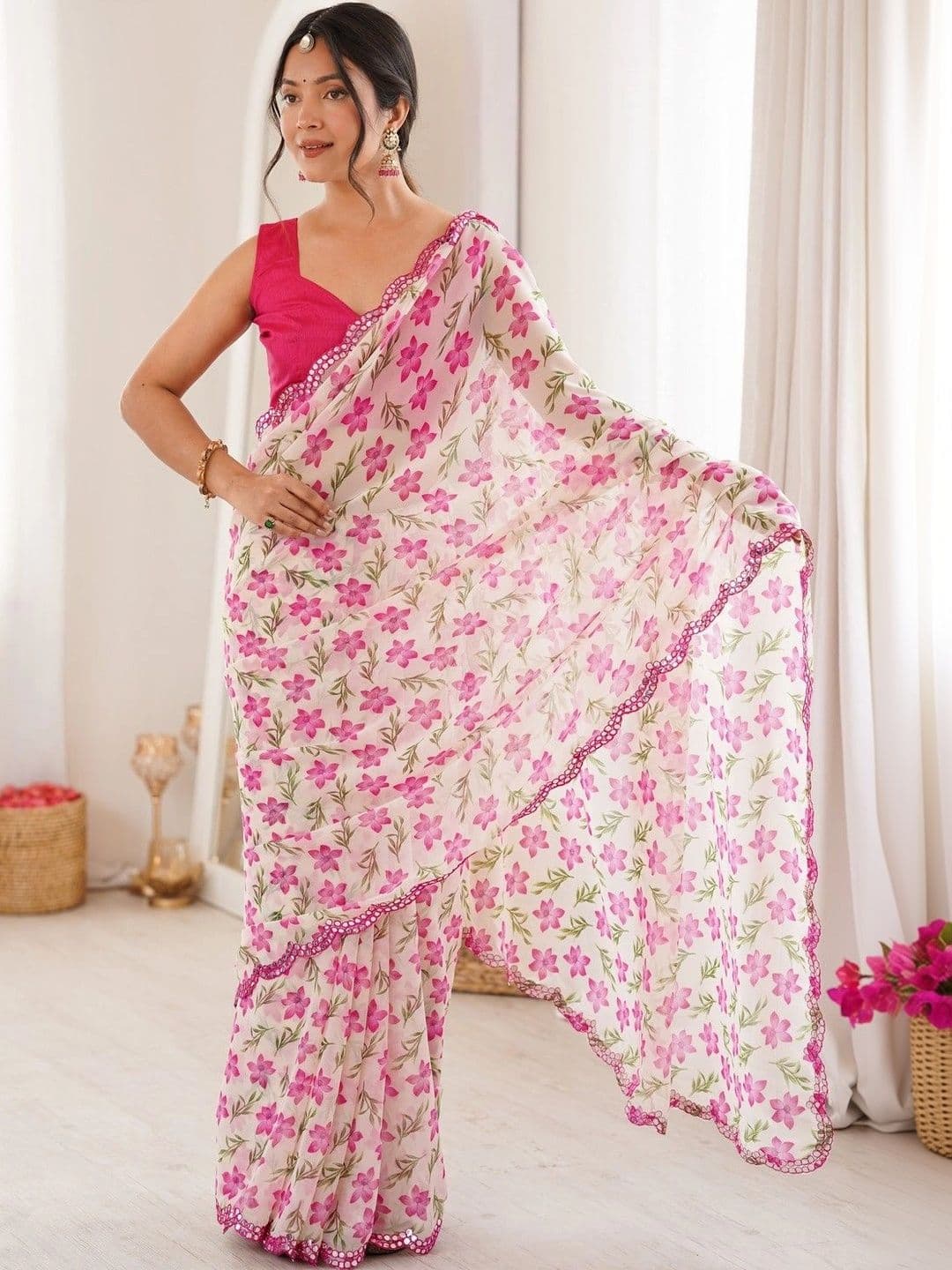 Mitera Floral Mirror Work Poly Georgette Saree - view 1