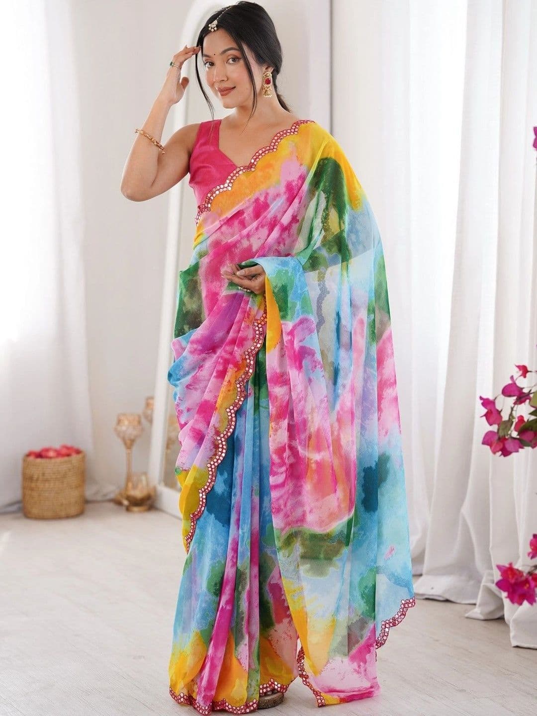 Mitera Tie and Dye Mirror Work Poly Georgette Saree thumbnail 7